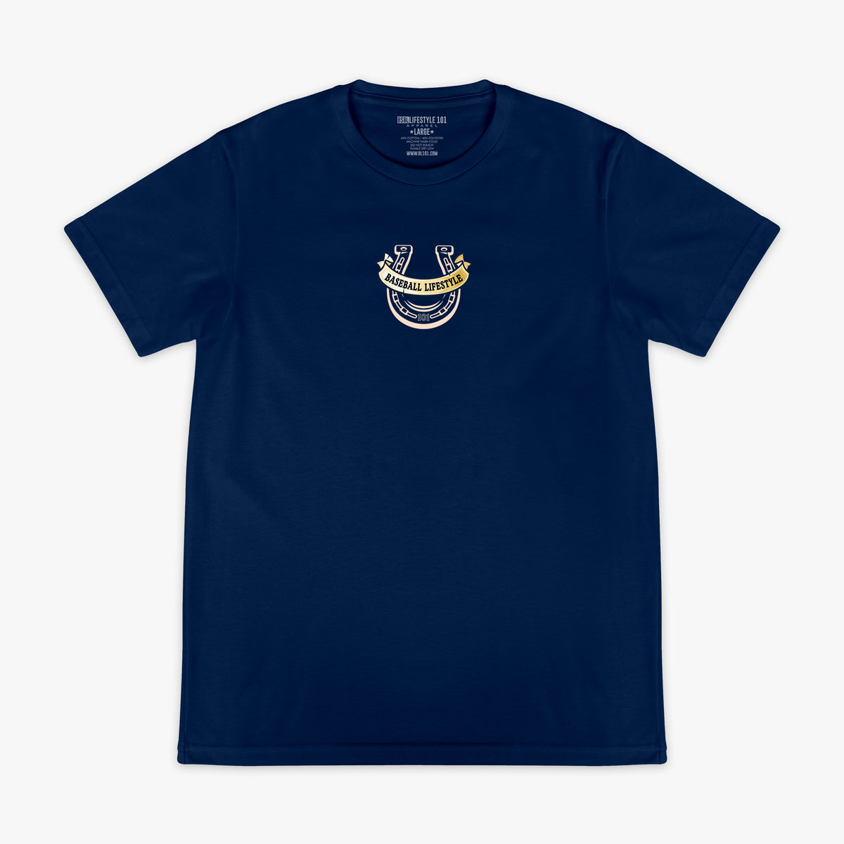 Navy blue t-shirt with a horseshoe Baseball Lifestyle logo on the chest against a white background
