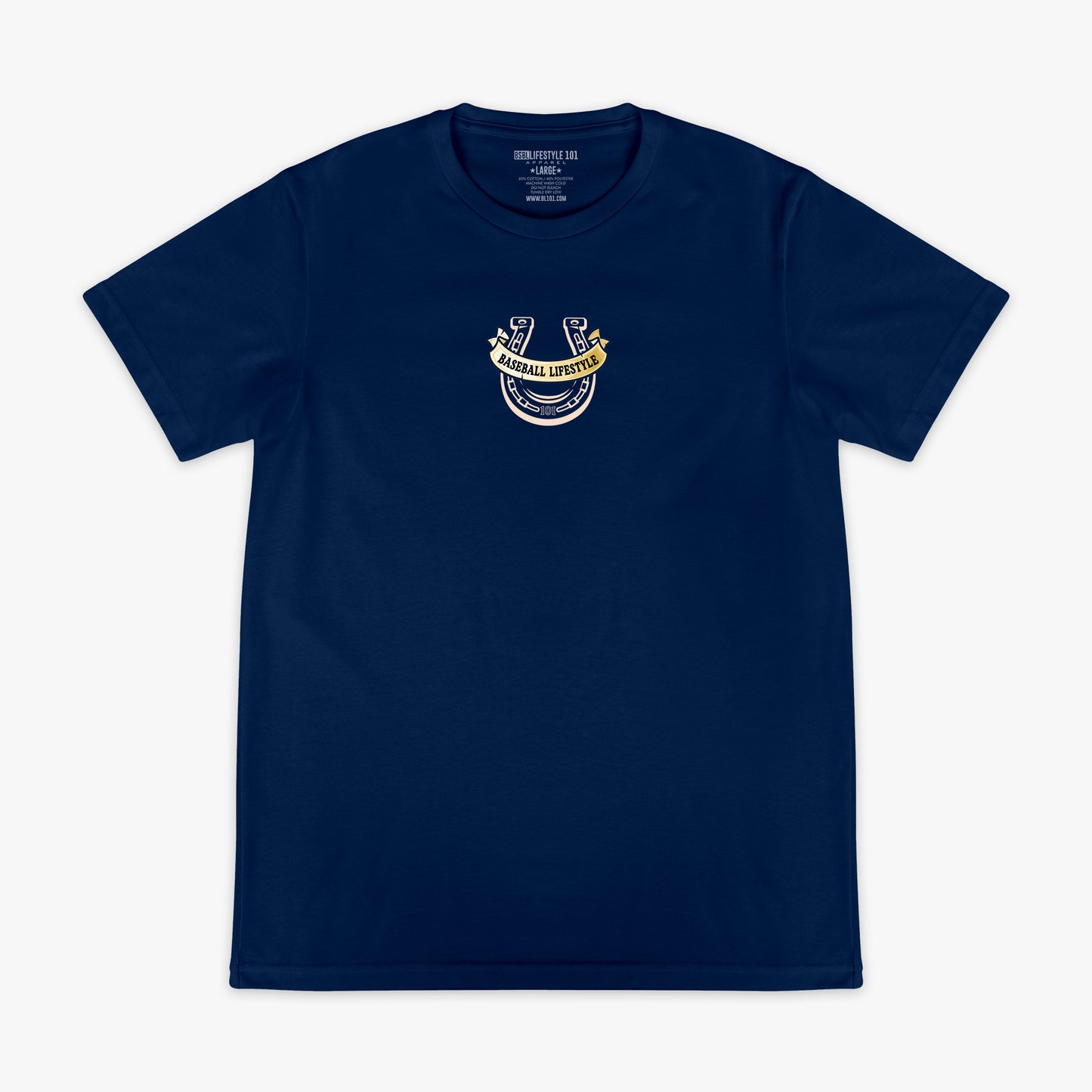 Navy blue t-shirt with a horseshoe Baseball Lifestyle logo on the chest against a white background