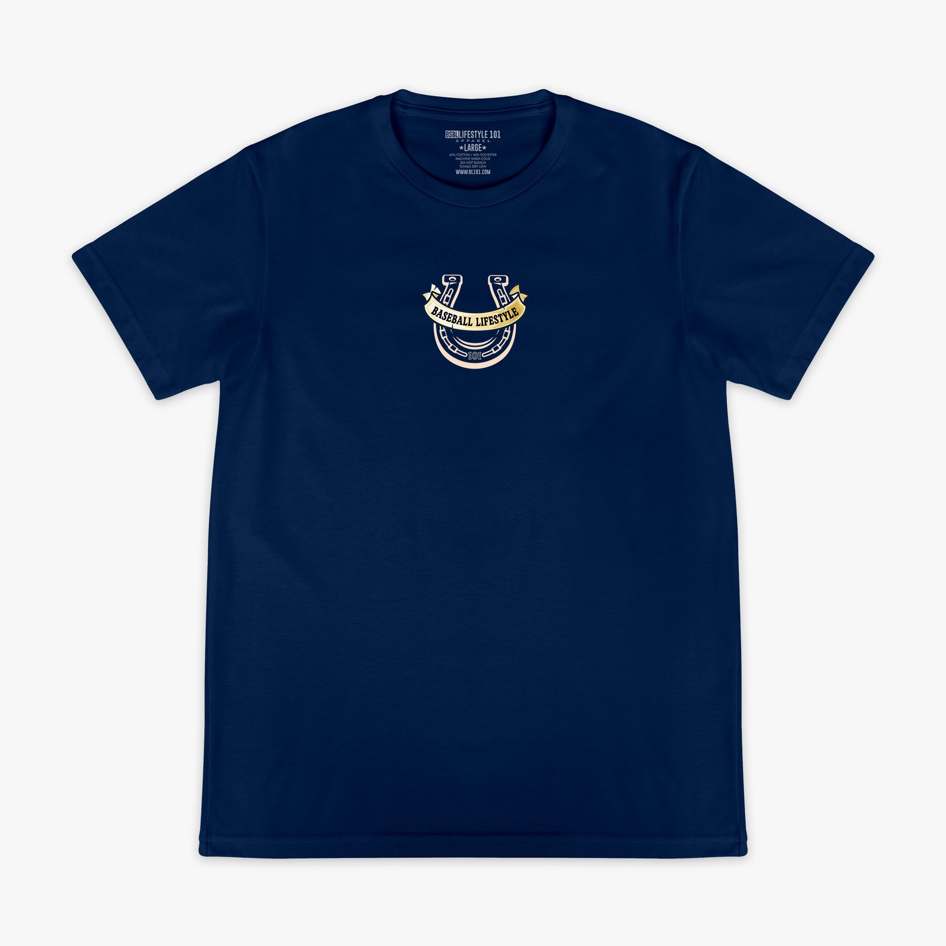 Navy blue t-shirt with a horseshoe Baseball Lifestyle logo on the chest against a white background
