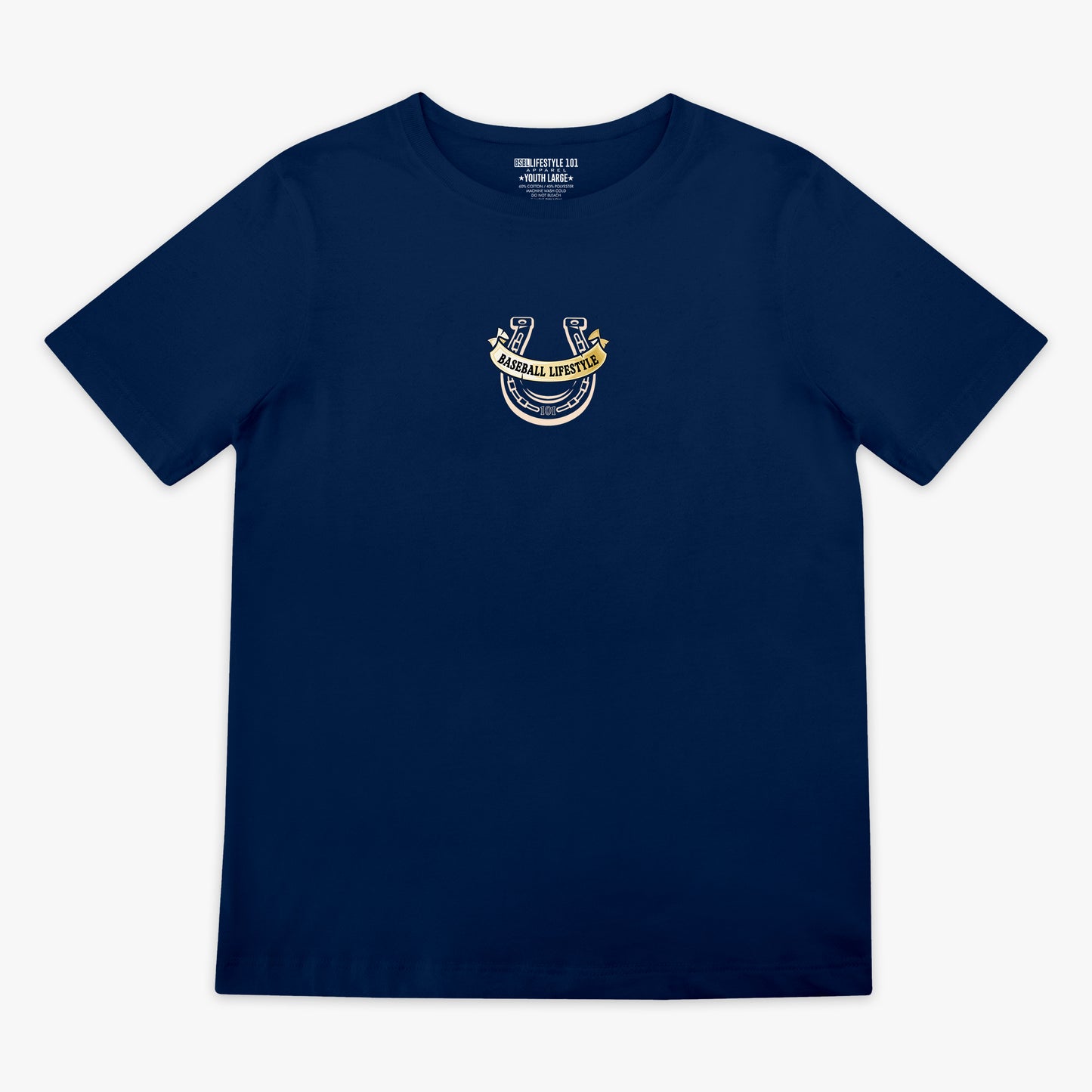 Navy blue t-shirt with a horseshoe Baseball Lifestyle logo on the chest against a white background