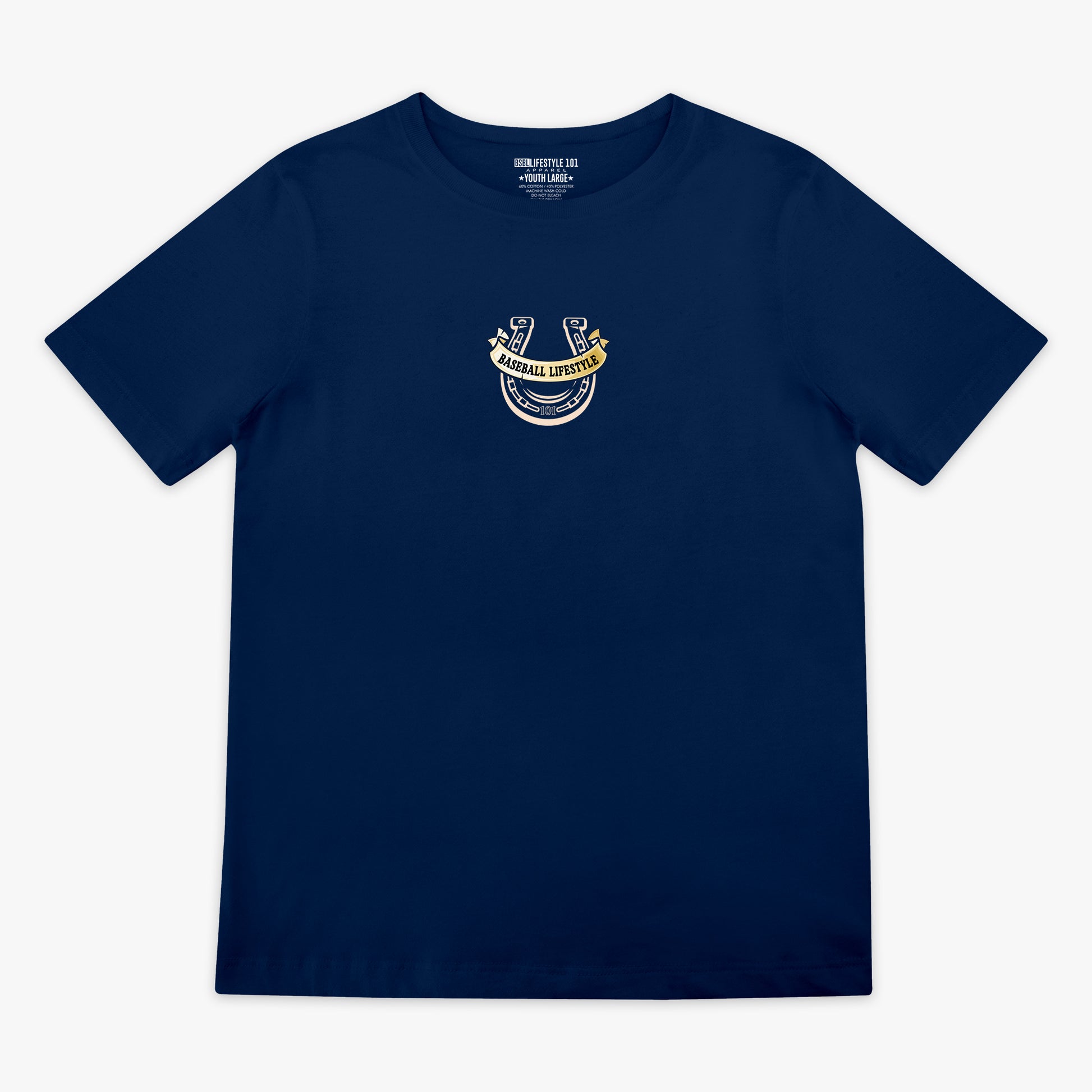 Navy blue t-shirt with a horseshoe Baseball Lifestyle logo on the chest against a white background