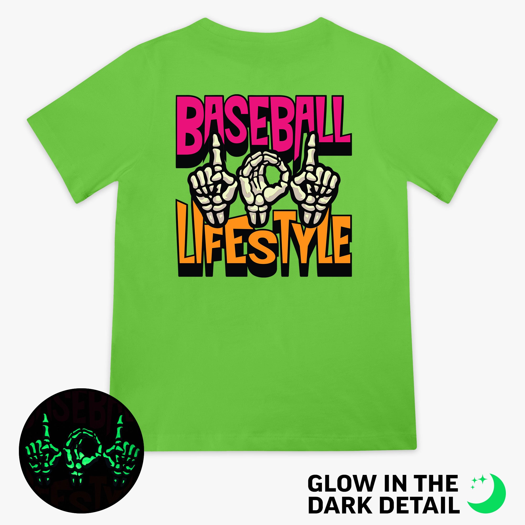 Green youth graphic tee with glow-in-the-dark "101 Skeleton" detail