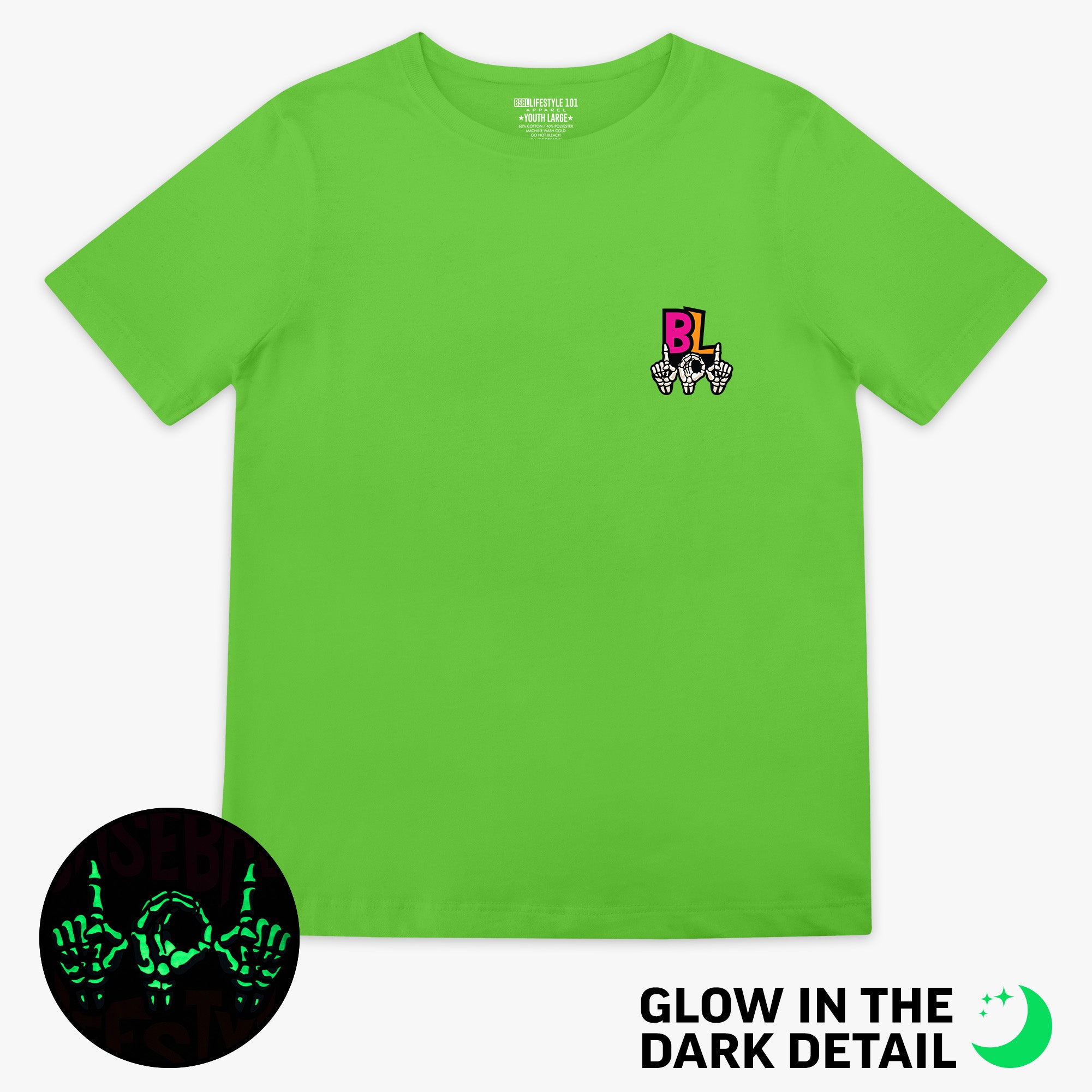 Green youth graphic tee with glow-in-the-dark "101 Skeleton" detail