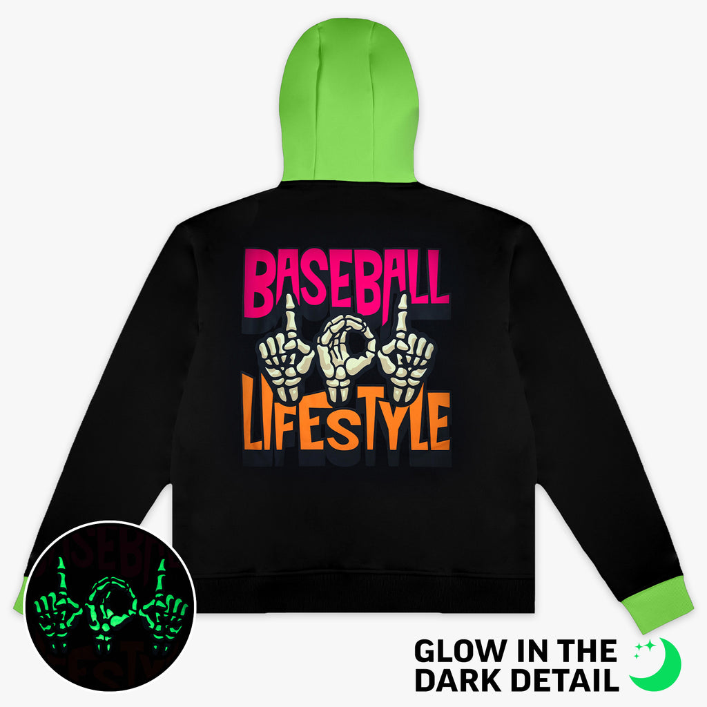 Black youth hoodie with glow-in-the-dark "101 Skeleton" detail