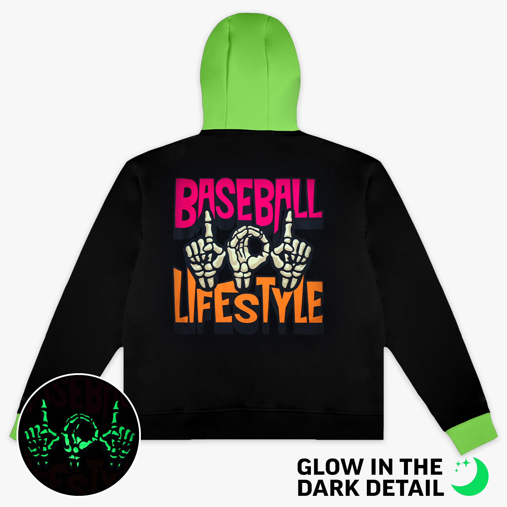 Black youth hoodie with glow-in-the-dark "101 Skeleton" detail