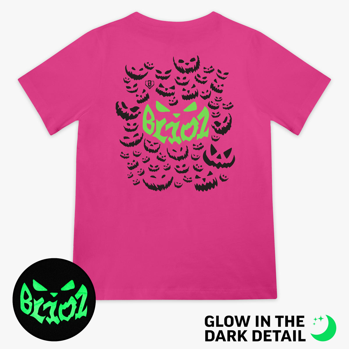 Pink youth graphic tee with glow-in-the-dark "Jack O' Lantern Team" detail