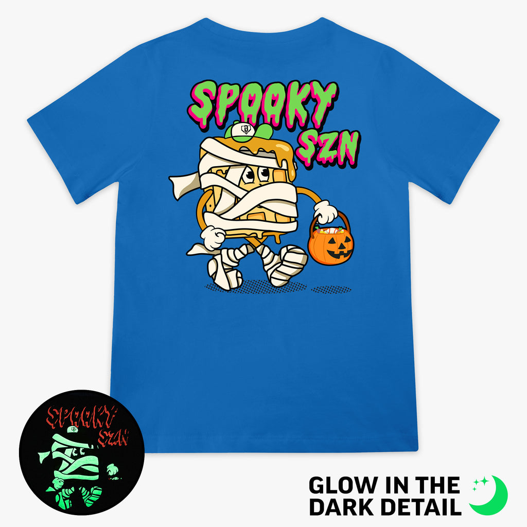 Blue youth graphic tee with glow-in-the-dark "Spooky SZN Waffle" detail