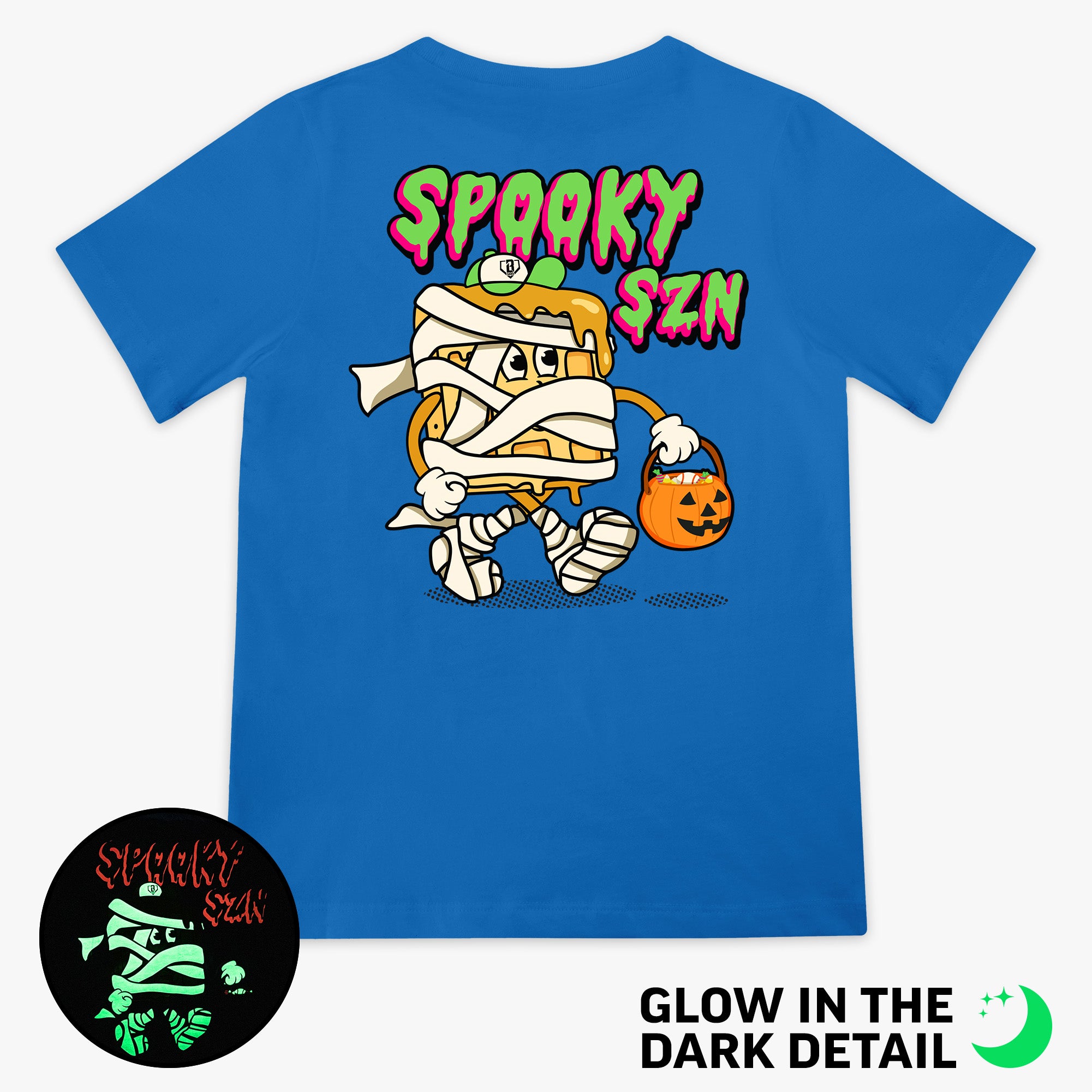 Blue youth graphic tee with glow-in-the-dark "Spooky SZN Waffle" detail