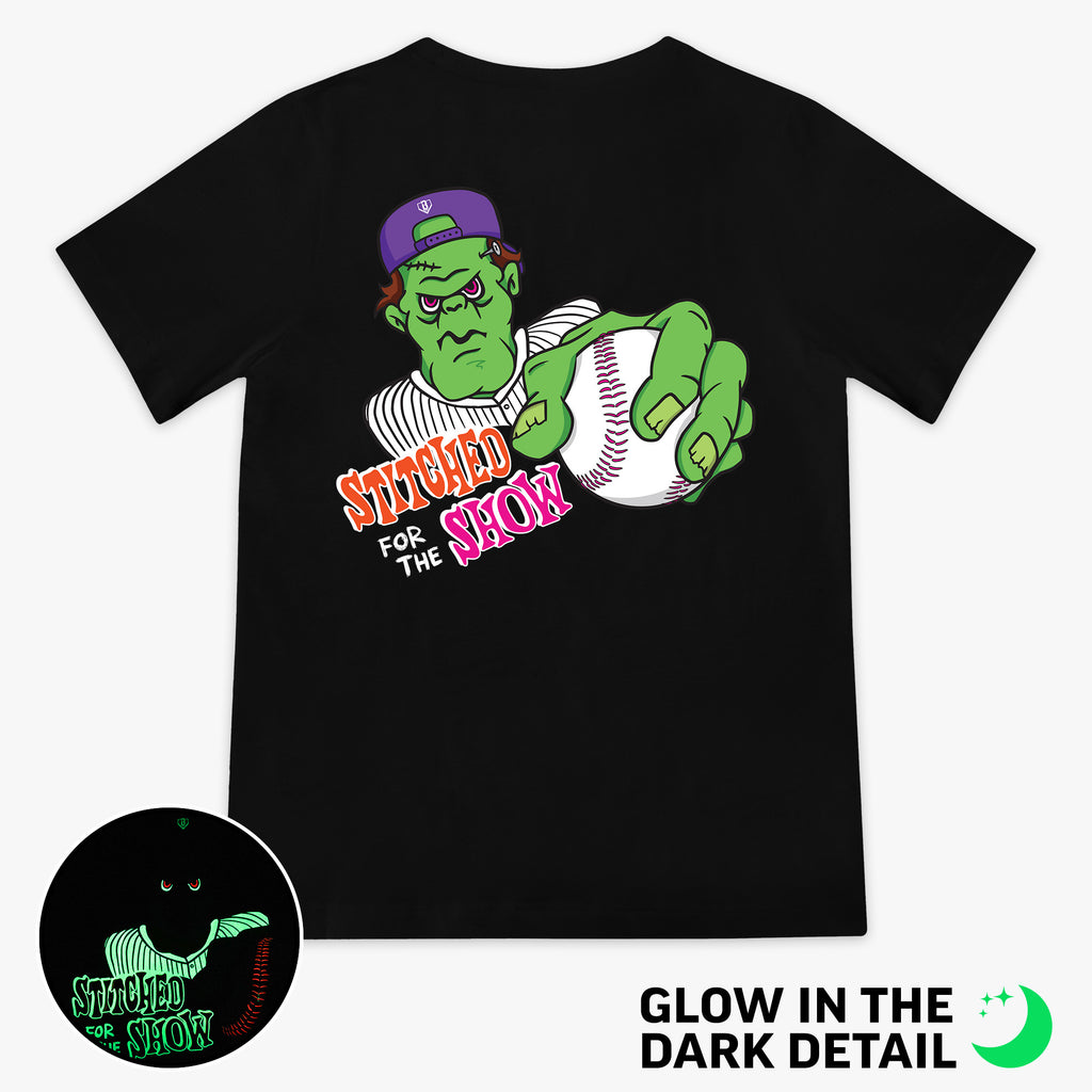 Black youth graphic tee with glow-in-the-dark "Stitched For The Show" detail