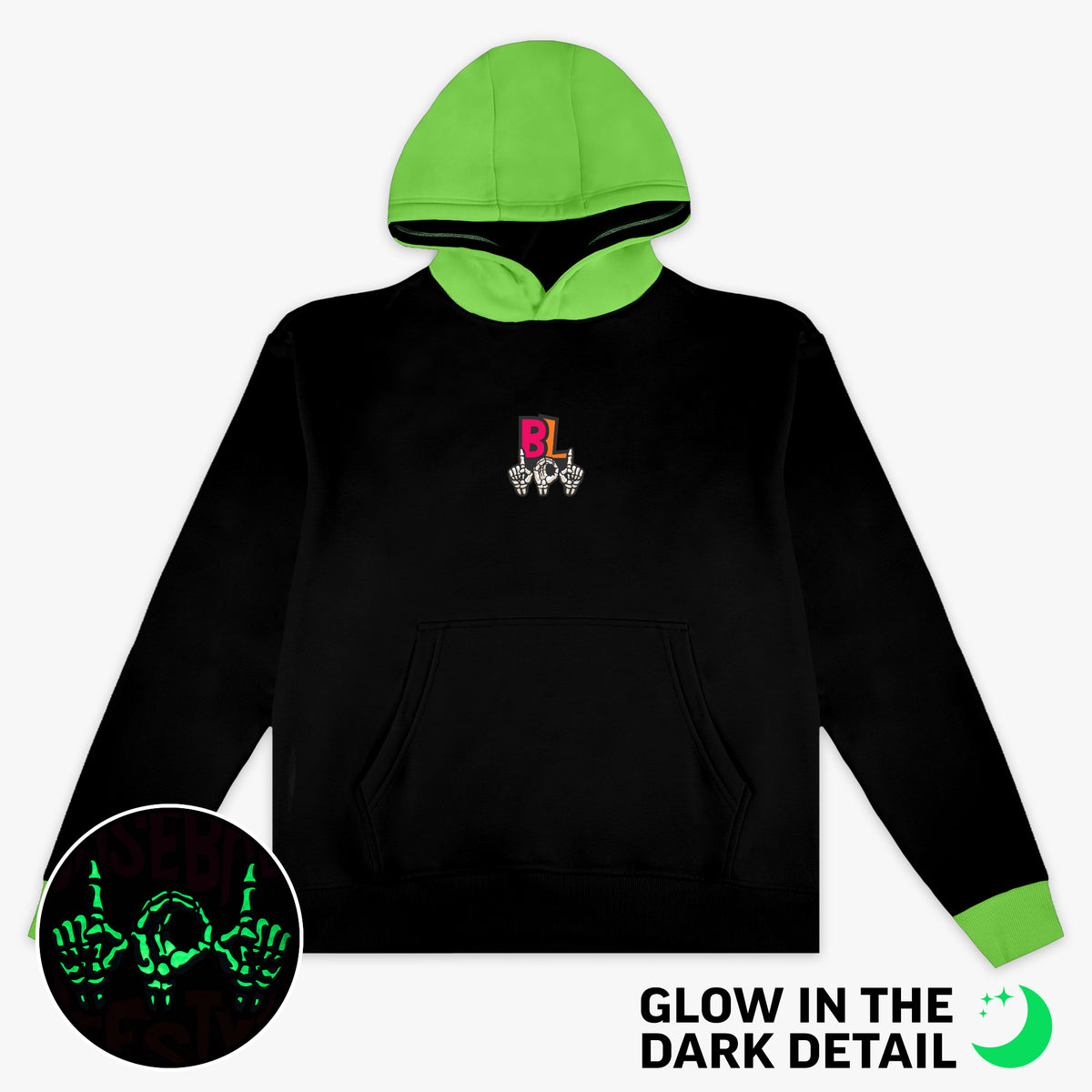 Black youth hoodie with glow-in-the-dark "101 Skeleton" detail