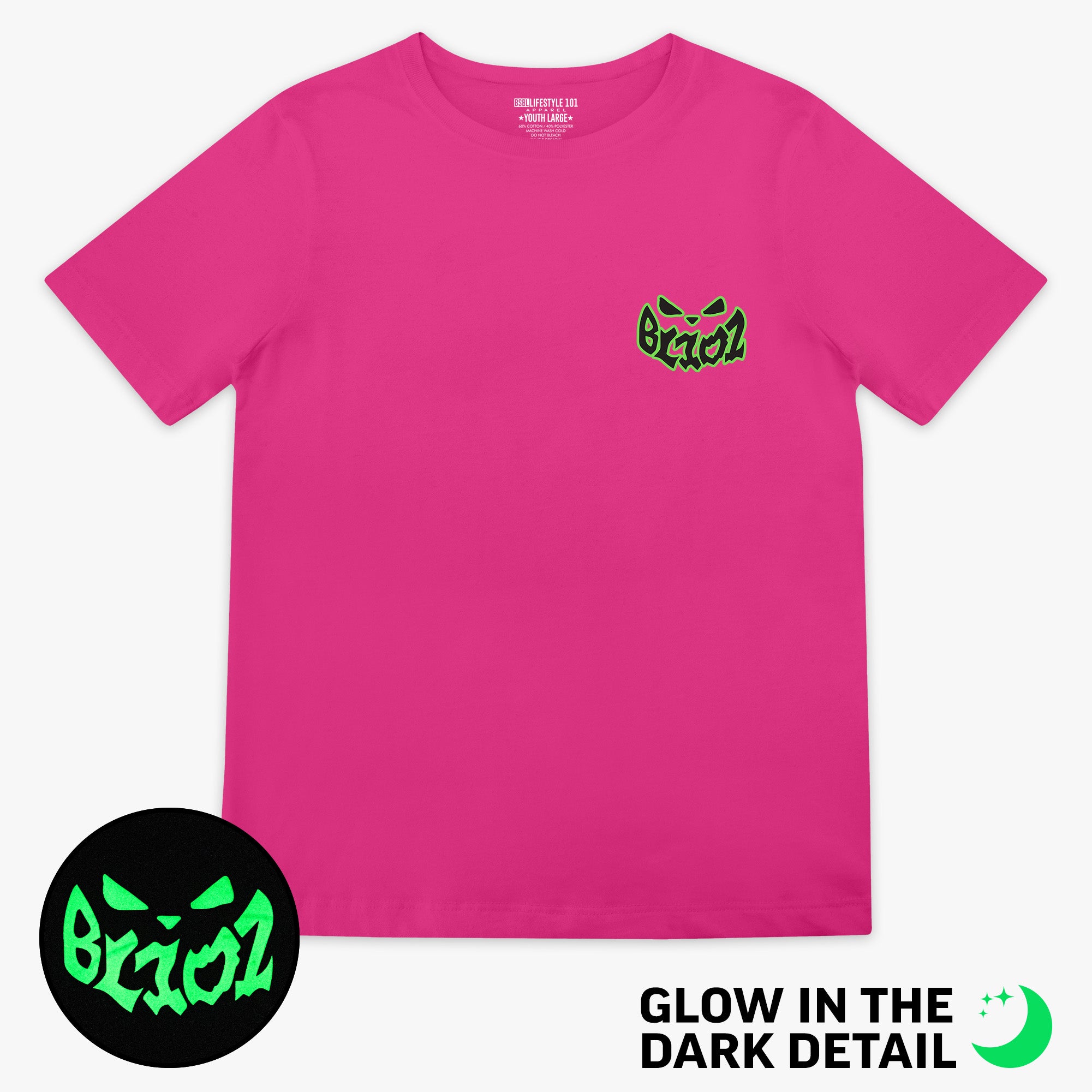 Pink youth graphic tee with glow-in-the-dark "Jack O' Lantern Team" detail