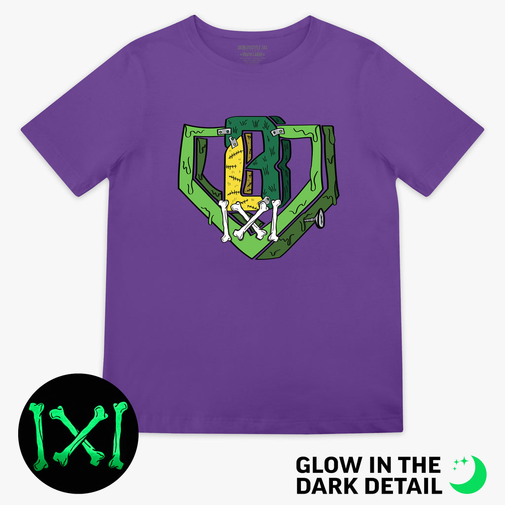 Purple youth graphic tee with glow-in-the-dark "Spooky SZN Stitch" detail