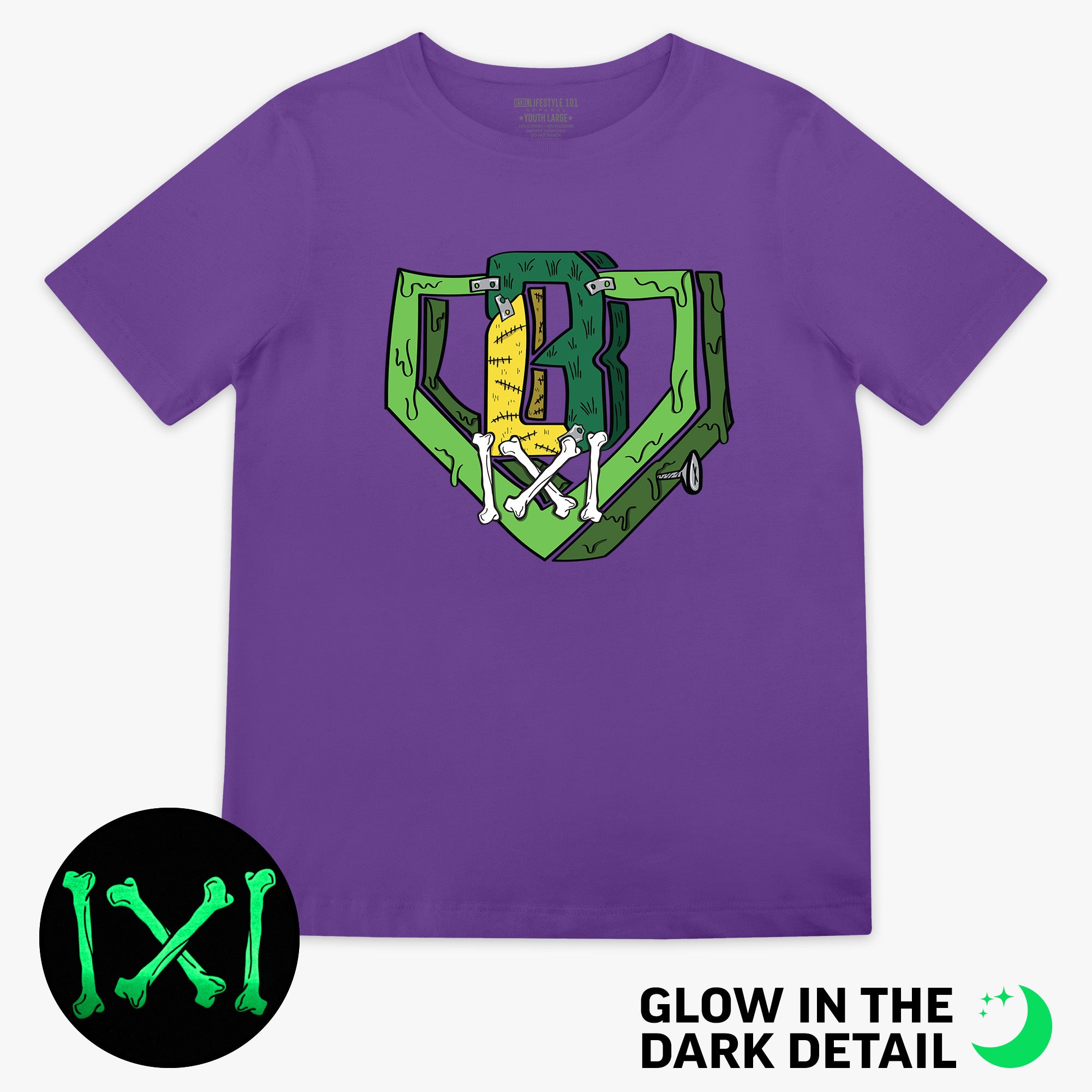 Purple youth graphic tee with glow-in-the-dark "Spooky SZN Stitch" detail