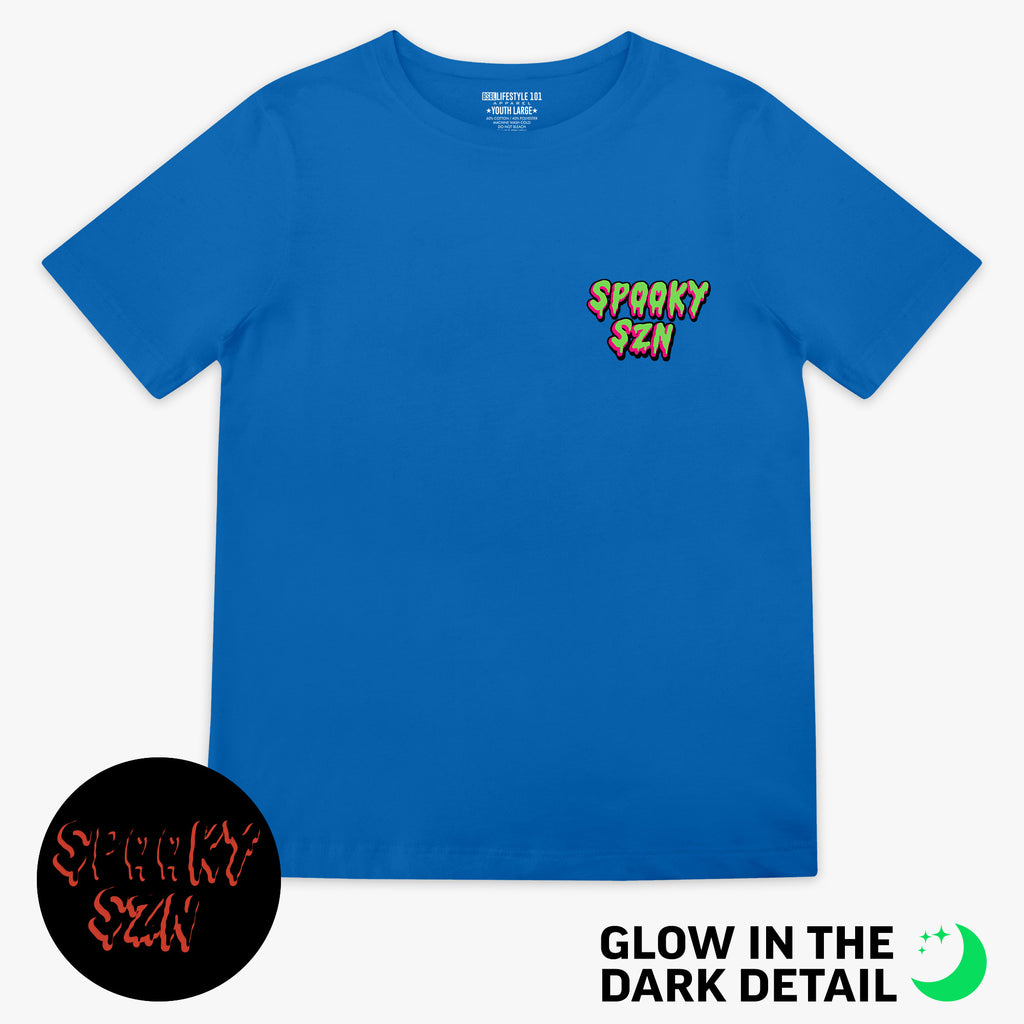 Blue youth graphic tee with glow-in-the-dark "Spooky SZN Waffle" detail