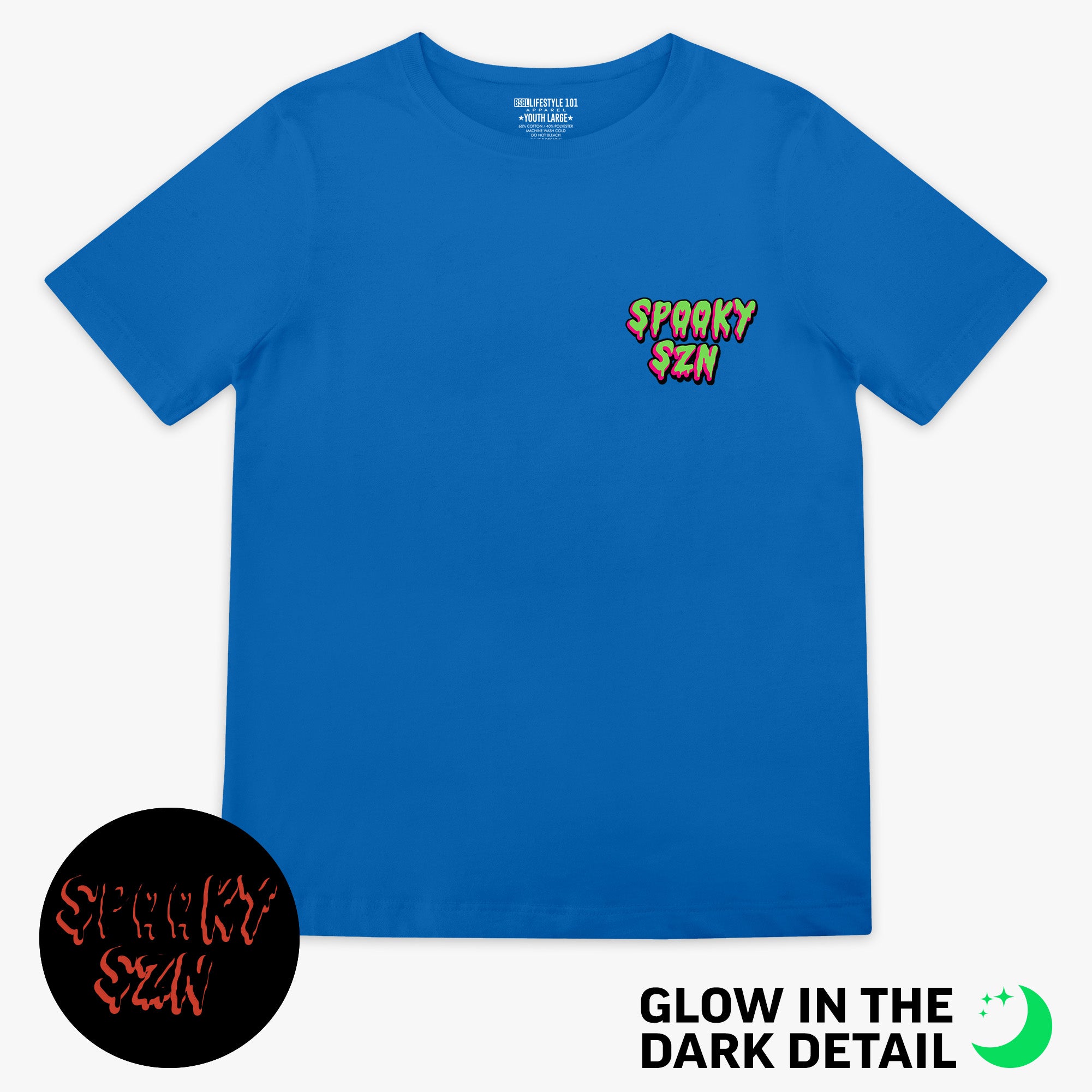 Blue youth graphic tee with glow-in-the-dark "Spooky SZN Waffle" detail