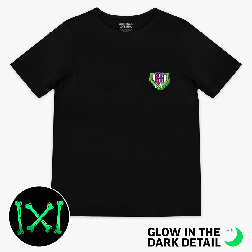 Black youth graphic tee with glow-in-the-dark "Stitched For The Show" detail