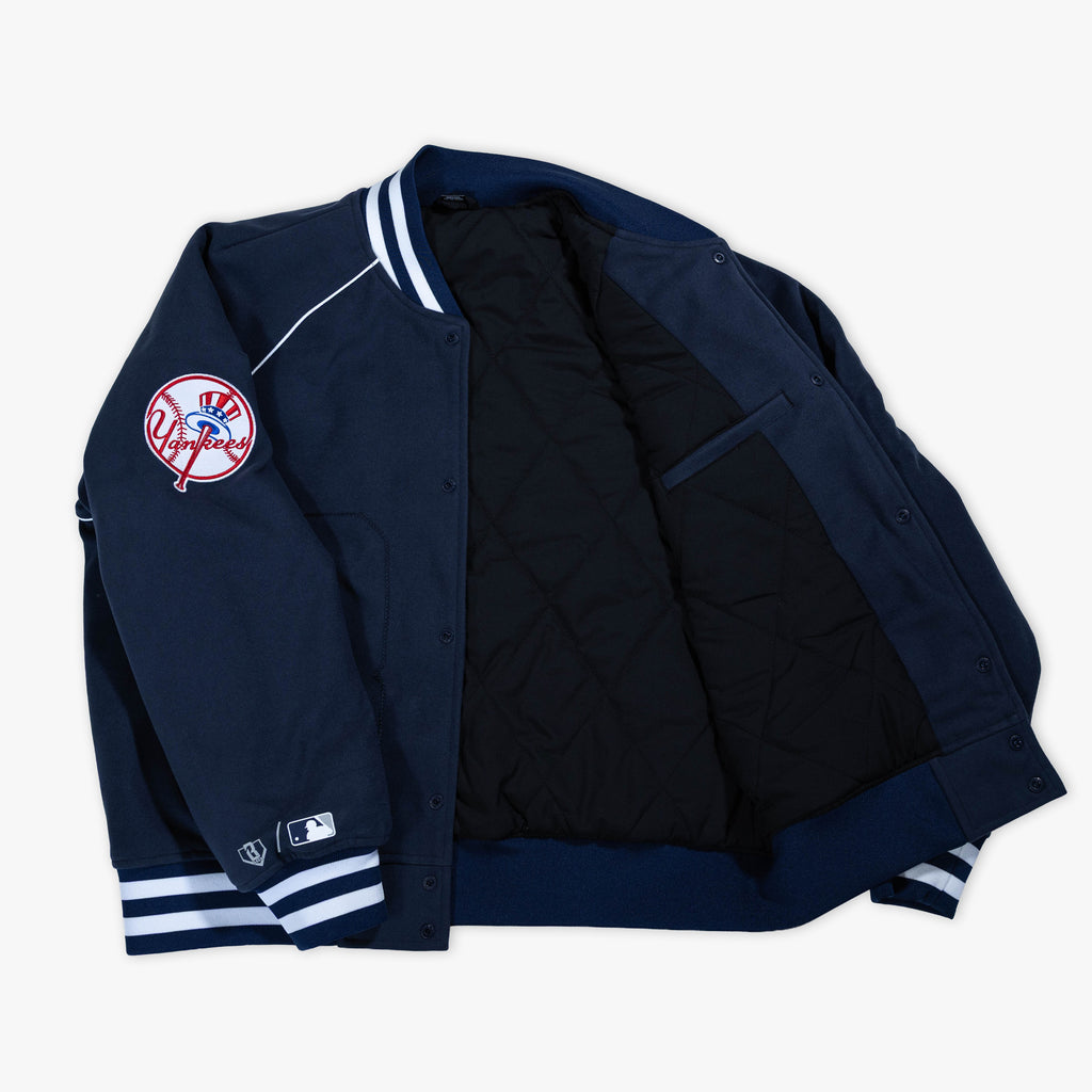 Navy New York Yankees Stadium bomber jacket — inside lining view