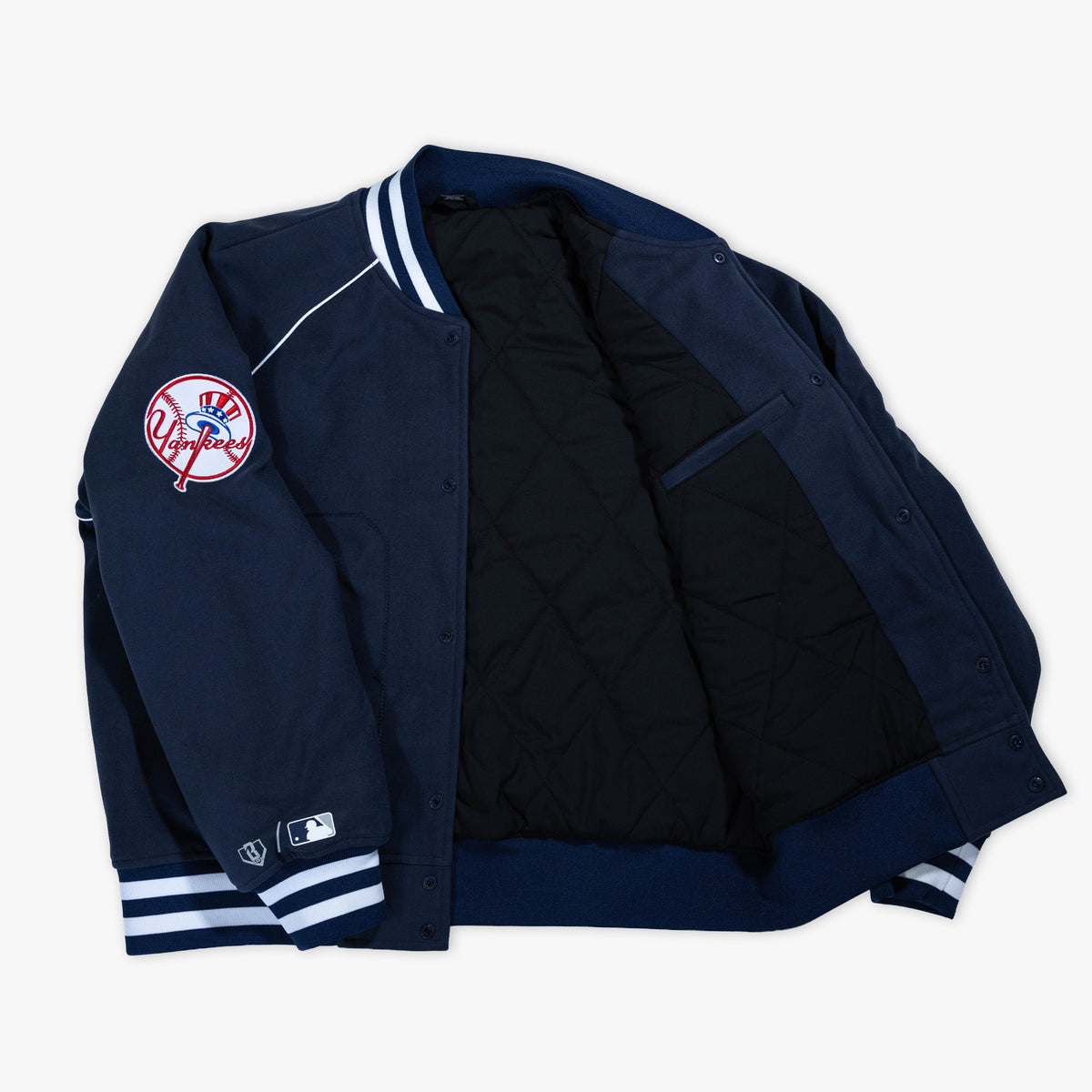 Navy New York Yankees Stadium bomber jacket — inside lining view