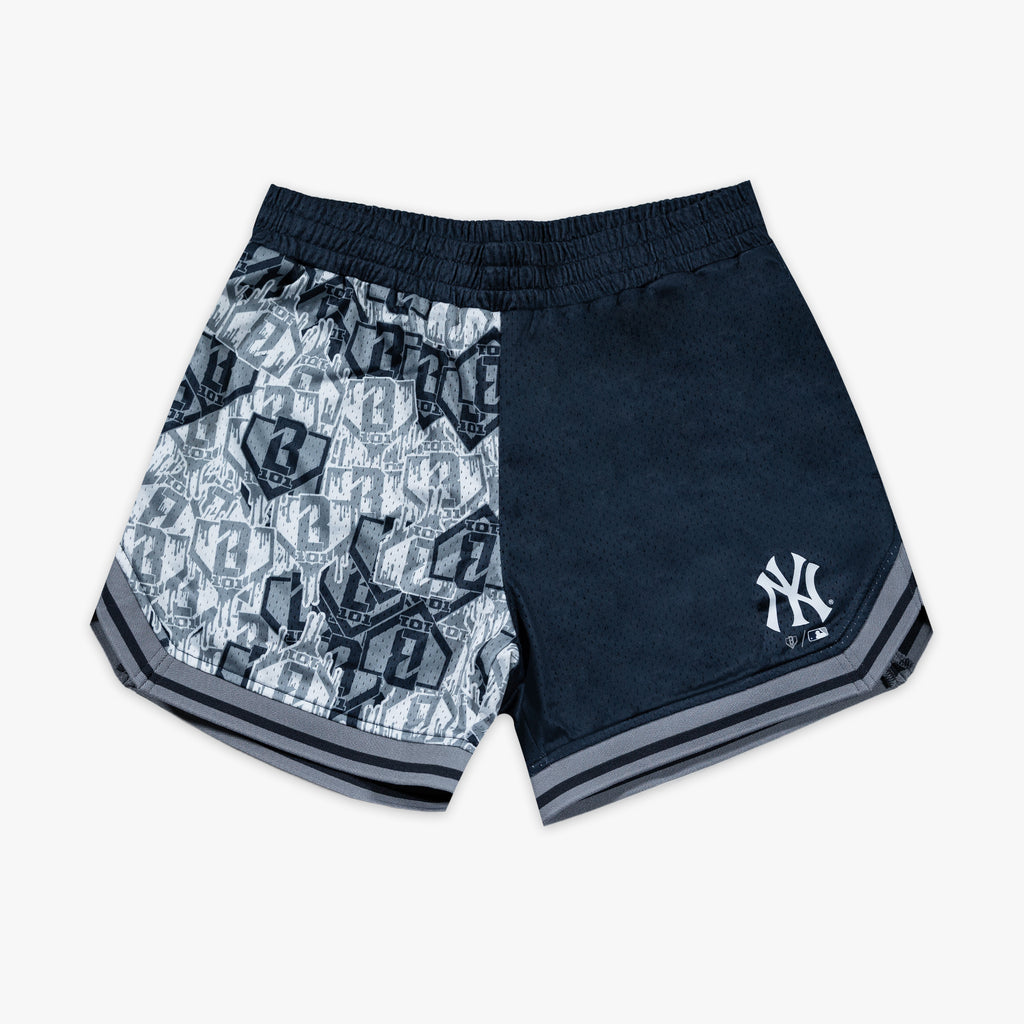 Navy youth shorts with "New York Yankees Sticker Court" design - front view