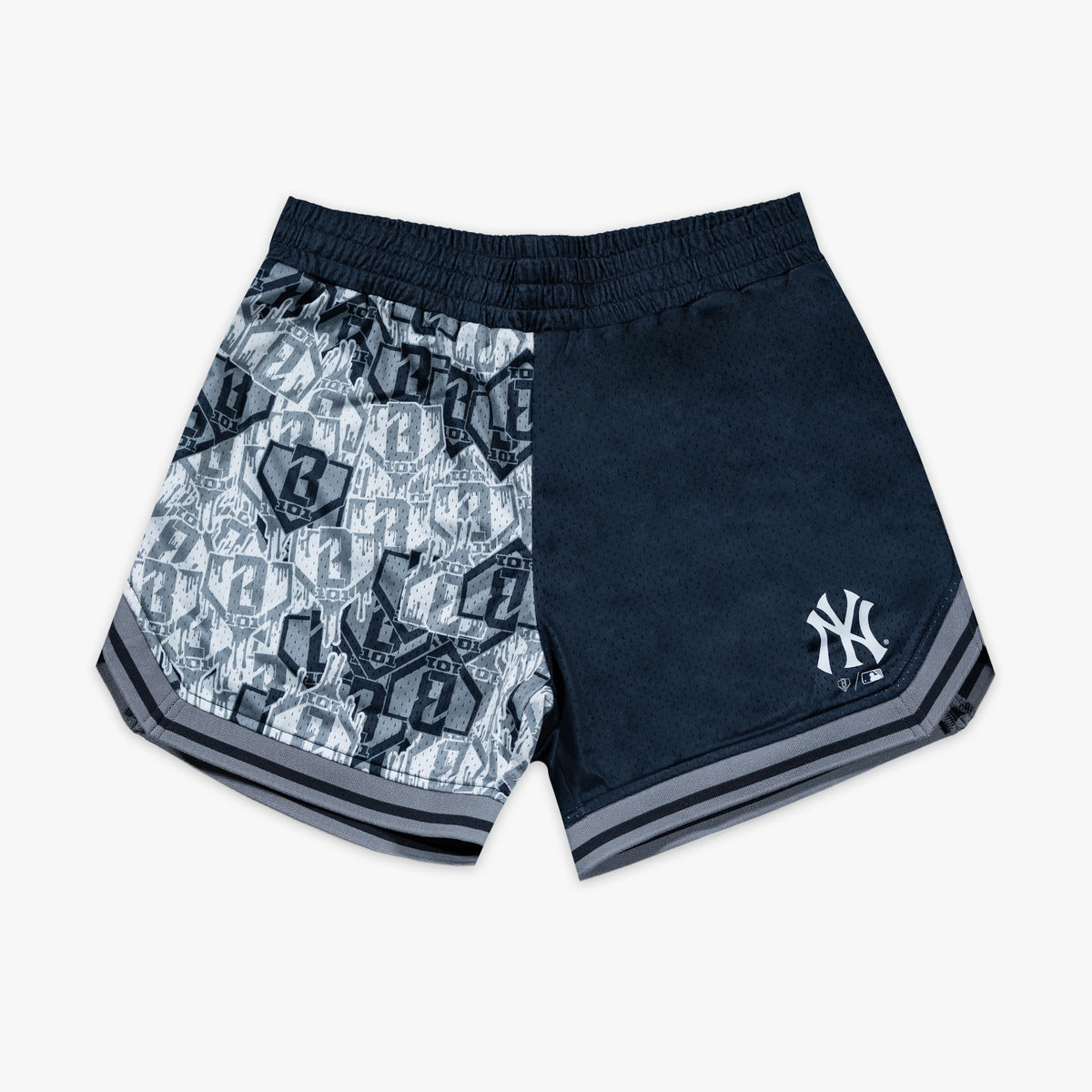 Navy youth shorts with "New York Yankees Sticker Court" design - front view