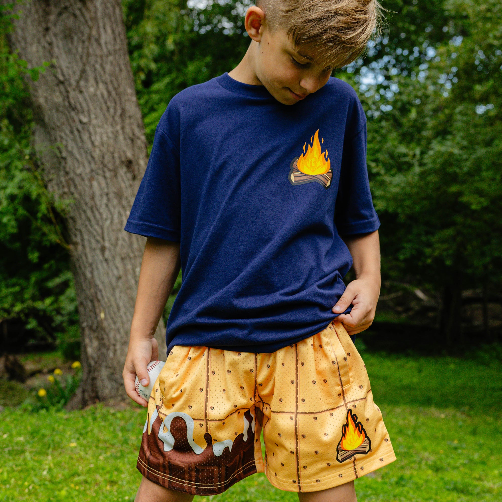 Camp Collection Campfire Shorts baseball s'mores melting chocolate marshmallow campsite nature outfit