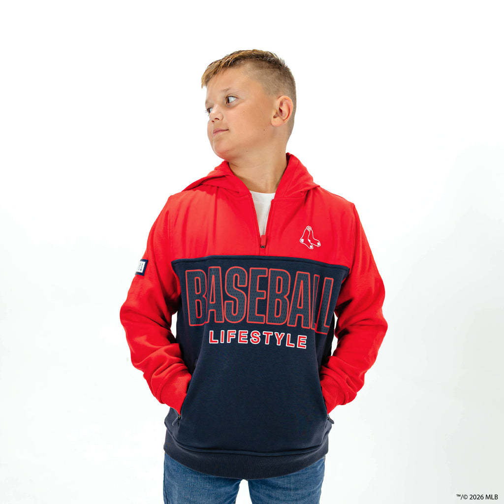 Youth model wearing red Boston Red Sox Color Block youth quarter zip