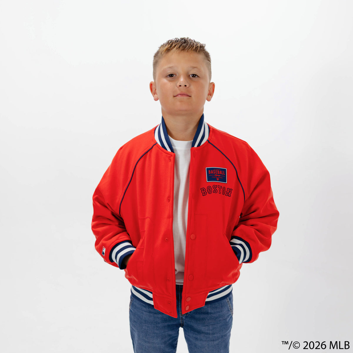 Youth model wearing red Boston Red Sox Stadium youth bomber jacket
