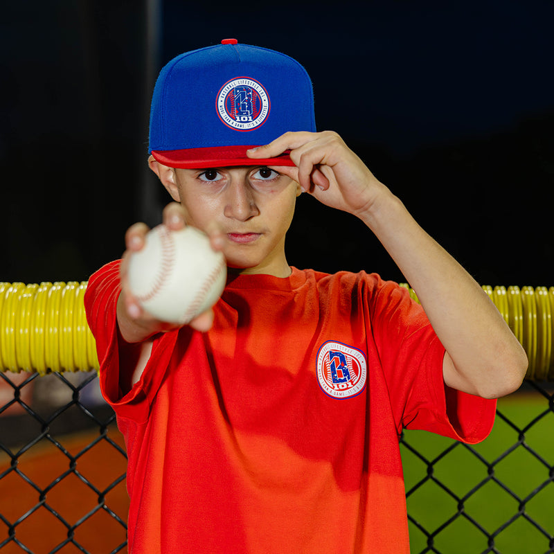 Navy blue and red Baseball Lifestyle 101 splatter snapback flat bill hat 4th of July outfit
