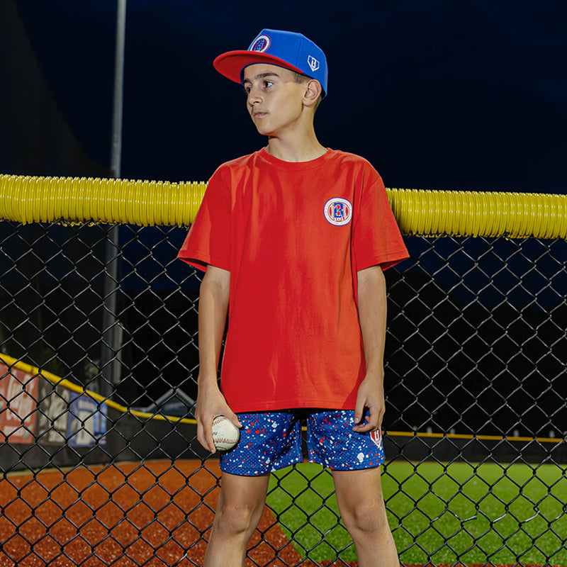 4th of July red, white, and blue baseball tee, patriotic outfit, paint splatter