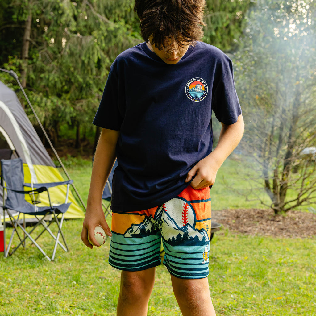 Sunrise Youth Shorts baseball retro mountain sunrise campsite 