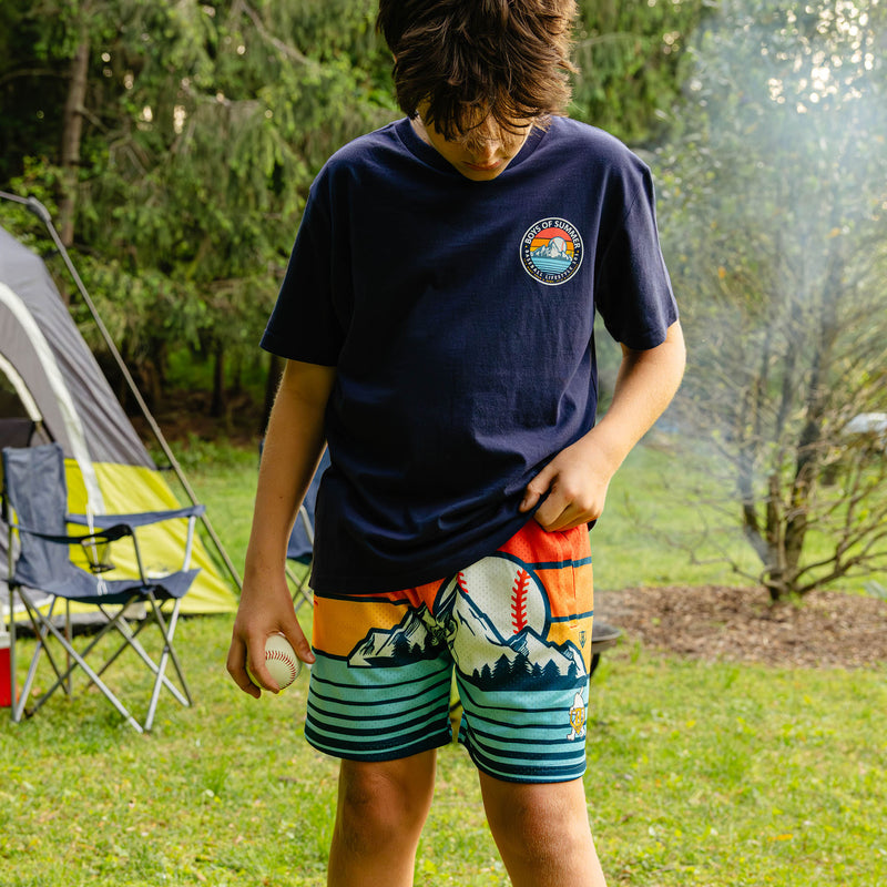Sunrise Youth Shorts baseball retro mountain sunrise campsite 