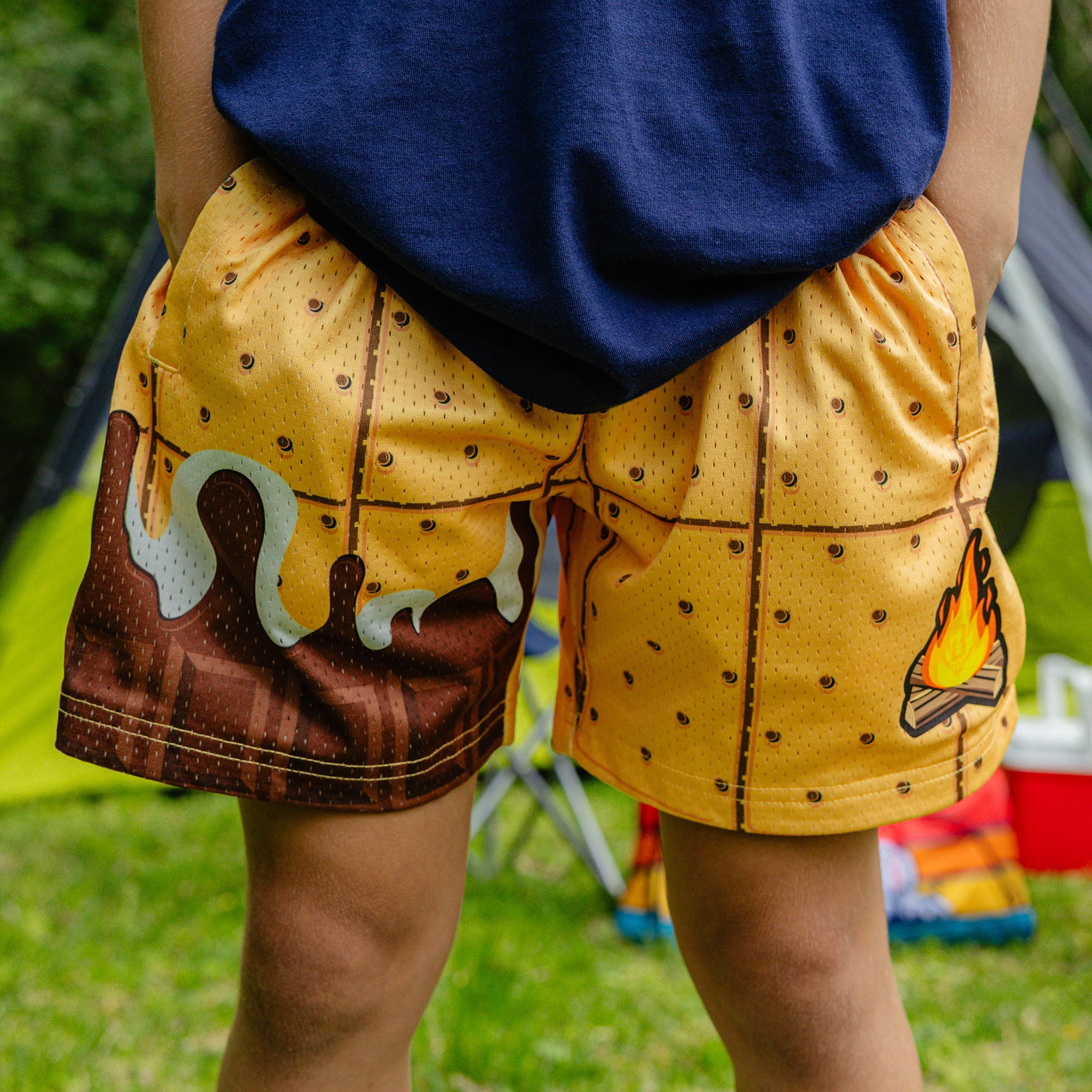Campfire Shorts baseball s'more print melting chocolate marshmallow camping tent outdoors