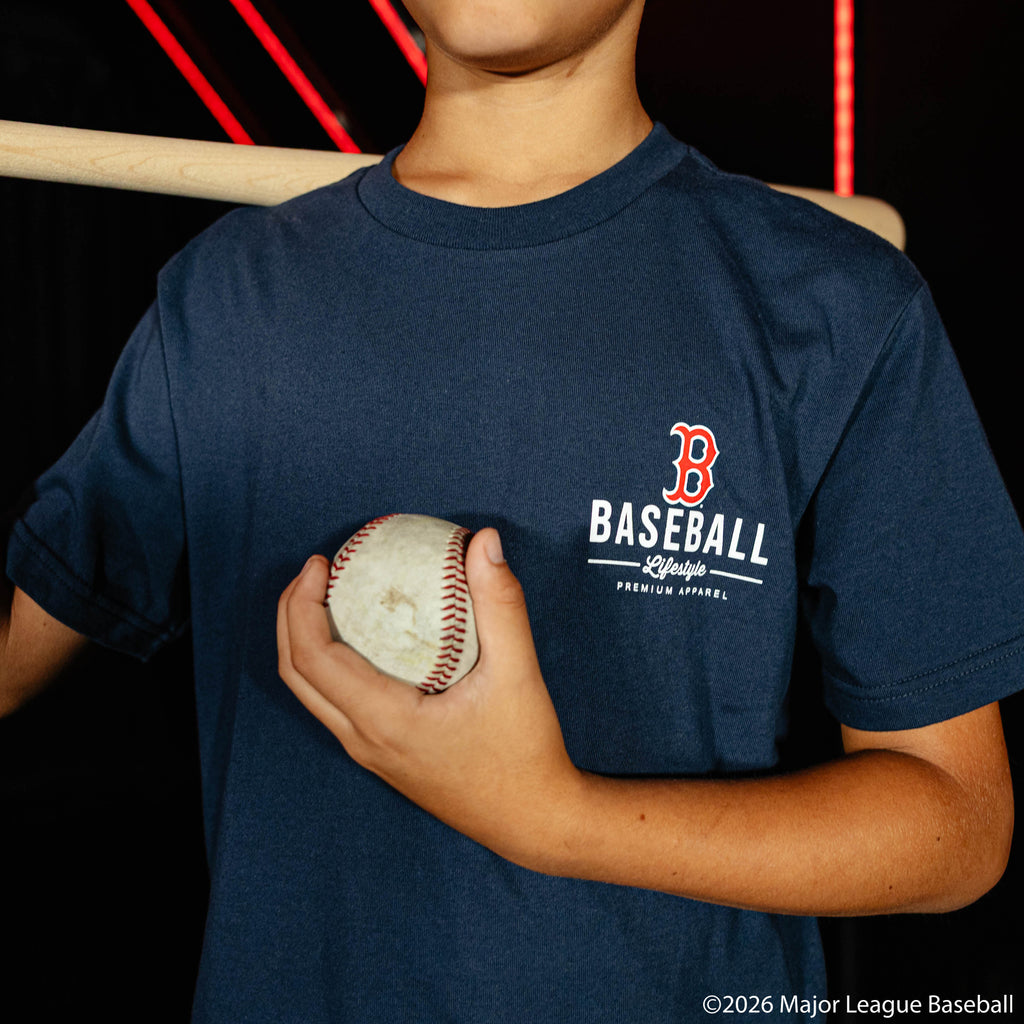 Youth model wearing navy youth graphic tee with "Boston Red Sox Ice Cream Cap" design