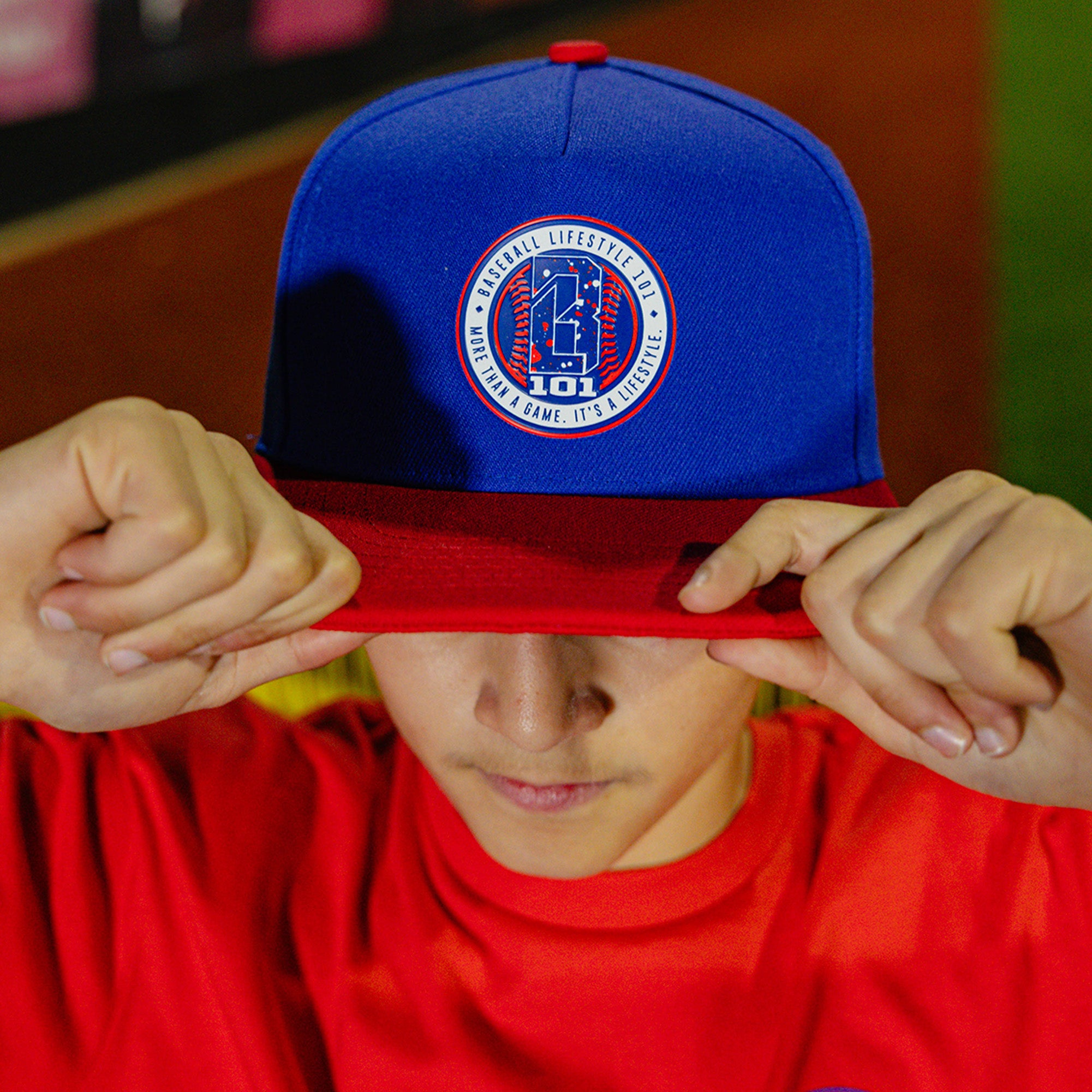 4th of July snapback hat in navy blue and red Baseball Lifestyle 101 splatter logo