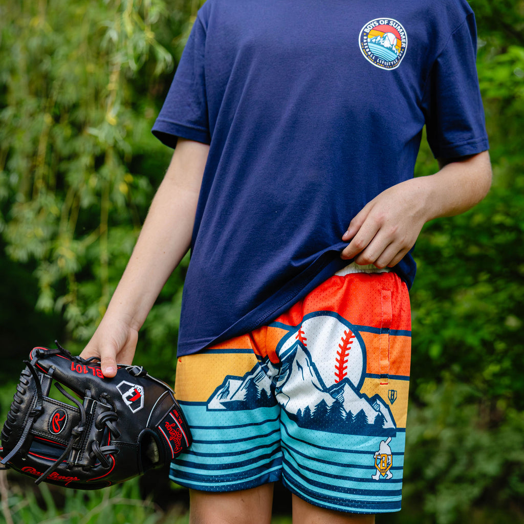 Sunrise Youth Shorts baseball retro mountain campsite camping outfit