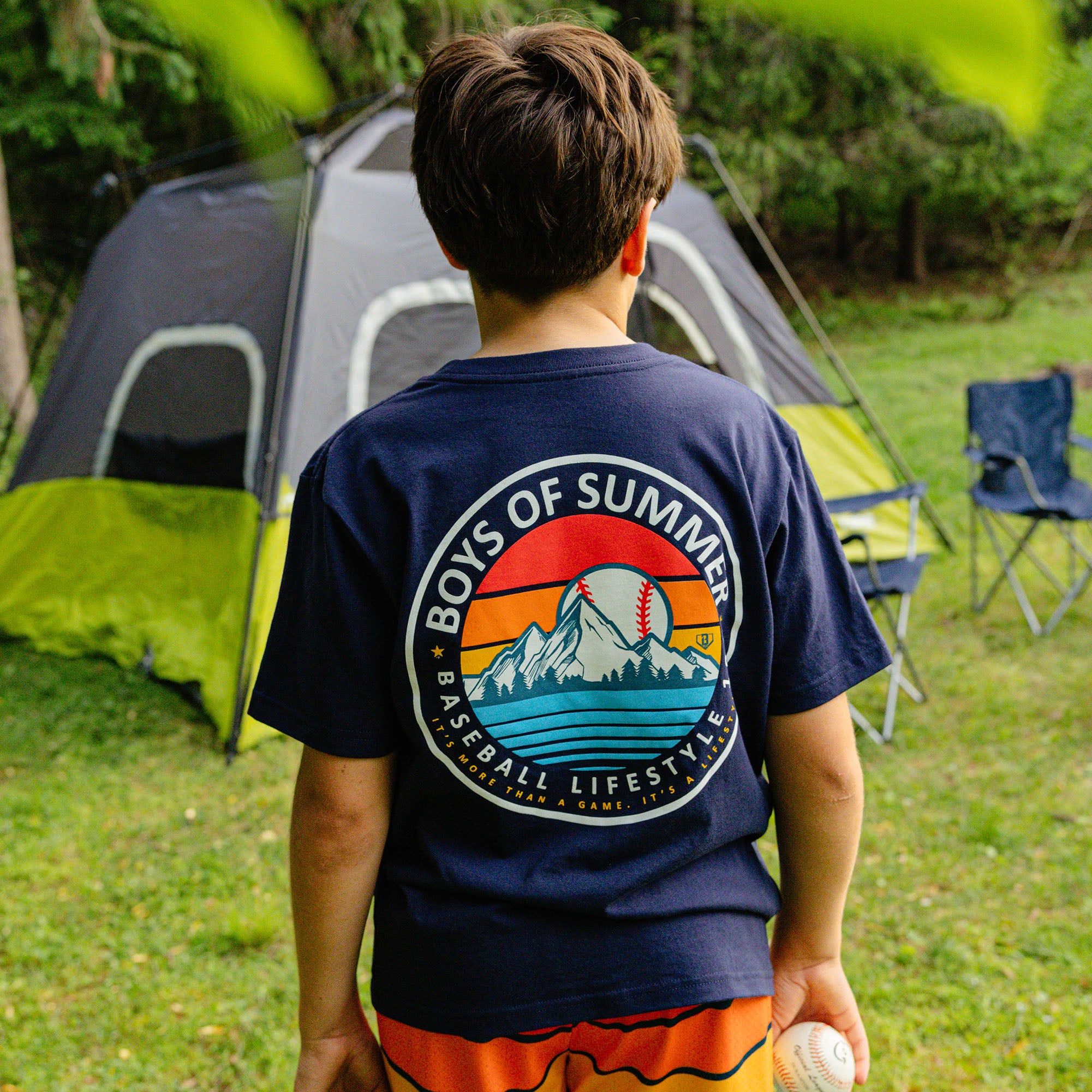 Boys of Summer Sunrise camping baseball graphic tee shirt