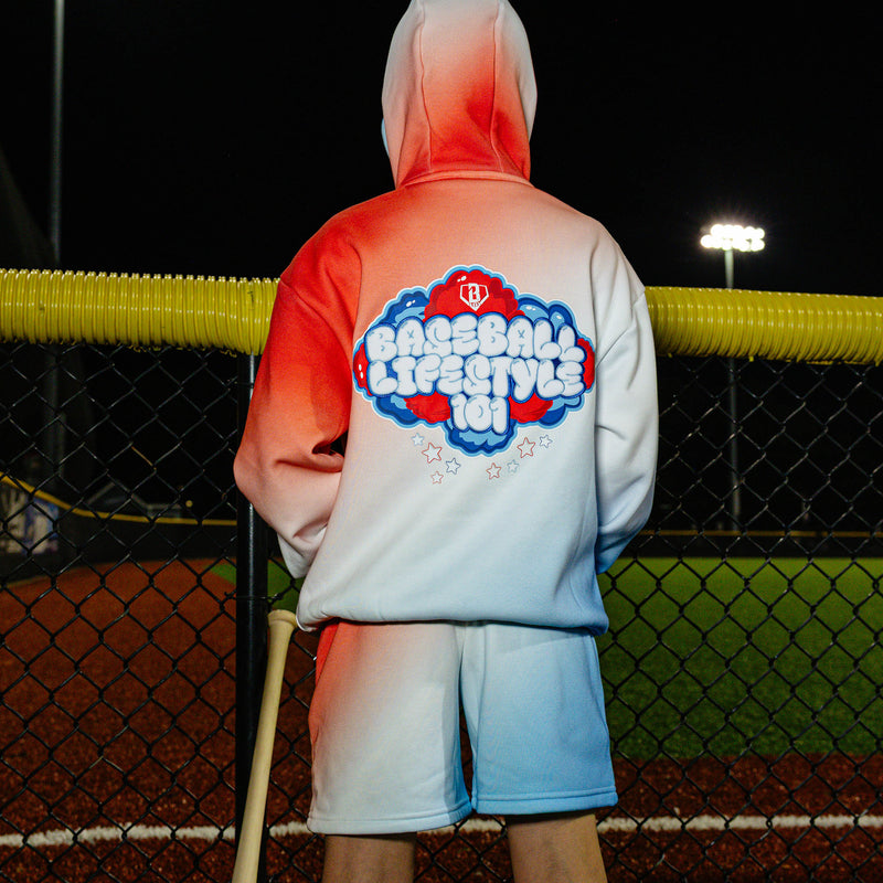 Youth model wearing red, white & blue Cotton Candy Sweatshorts USA youth shorts