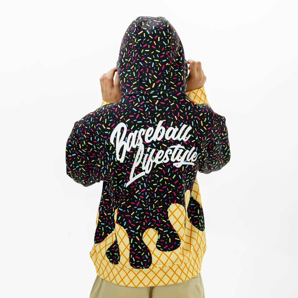Youth model wearing black Ice Cream Midnight Sundae youth hoodie with "Ice Cream" design