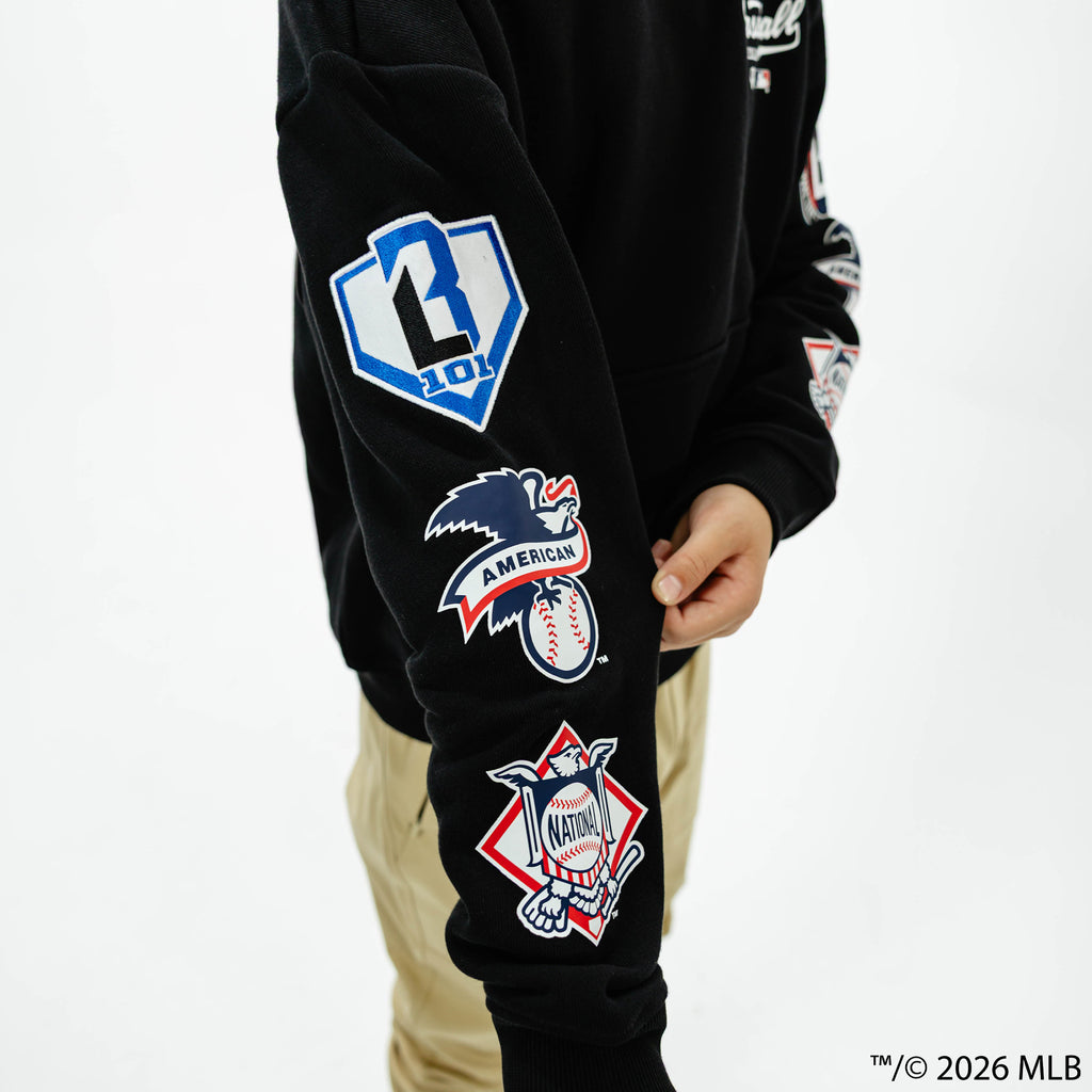 Youth model wearing black BL101 x MLB Established League youth hoodie