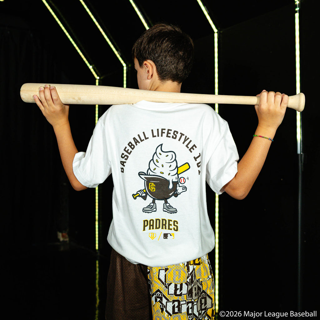 Youth model wearing white youth graphic tee with "San Diego Padres Ice Cream Cap" design