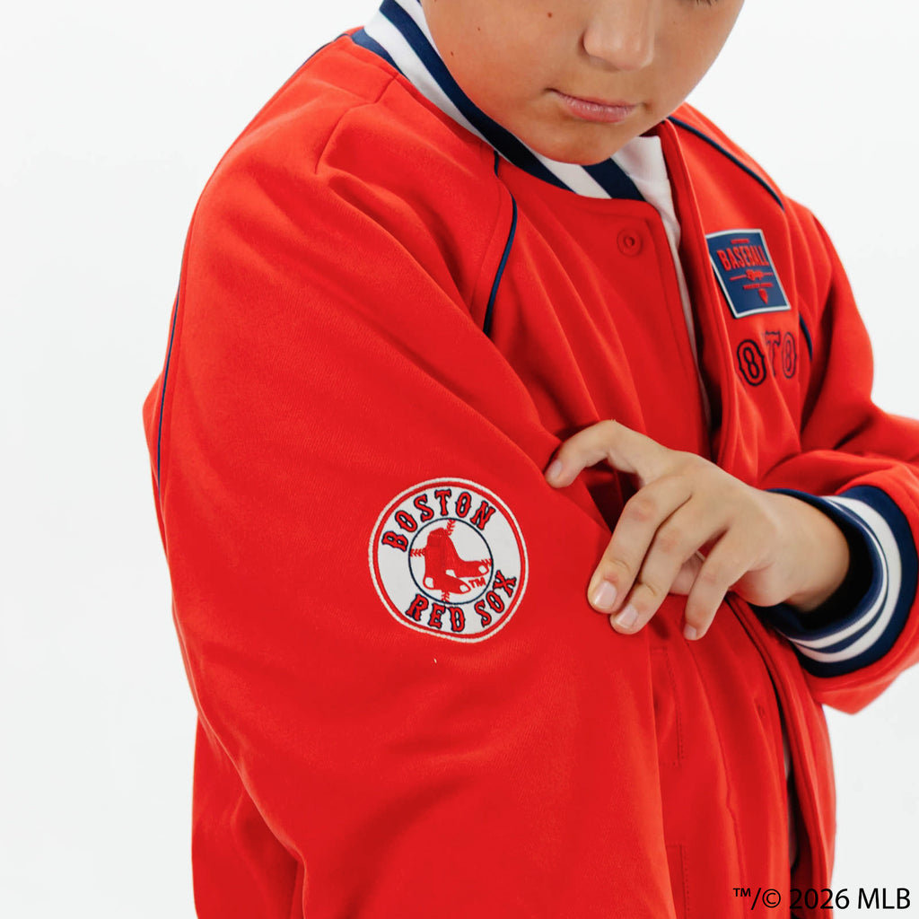 Youth model wearing red Boston Red Sox Stadium youth bomber jacket