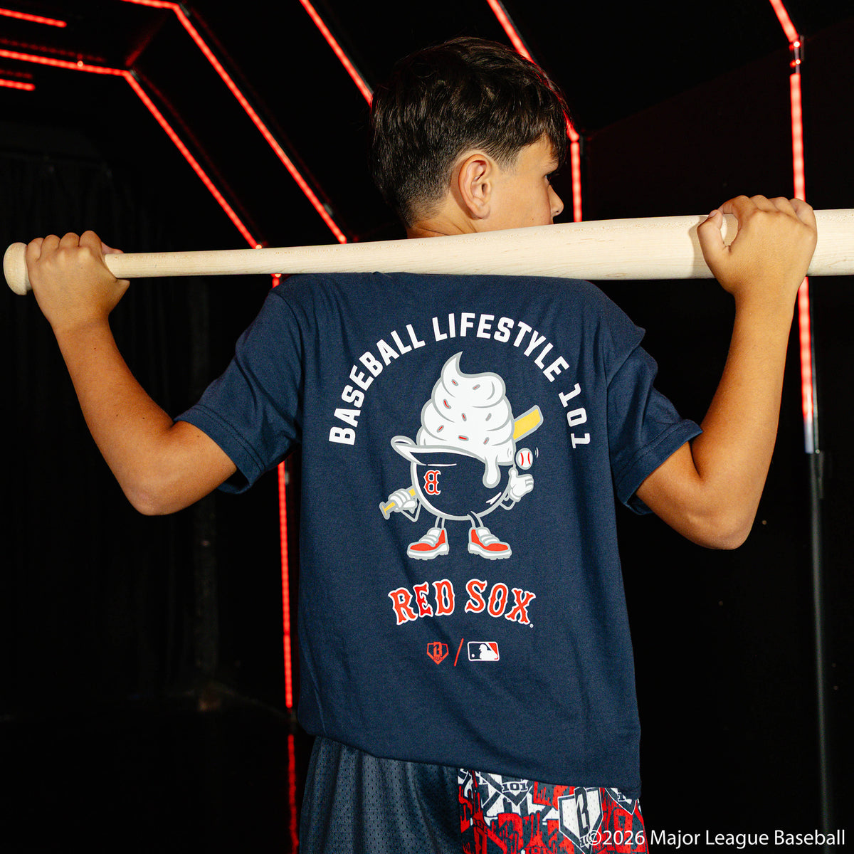 Youth model wearing navy youth graphic tee with "Boston Red Sox Ice Cream Cap" design
