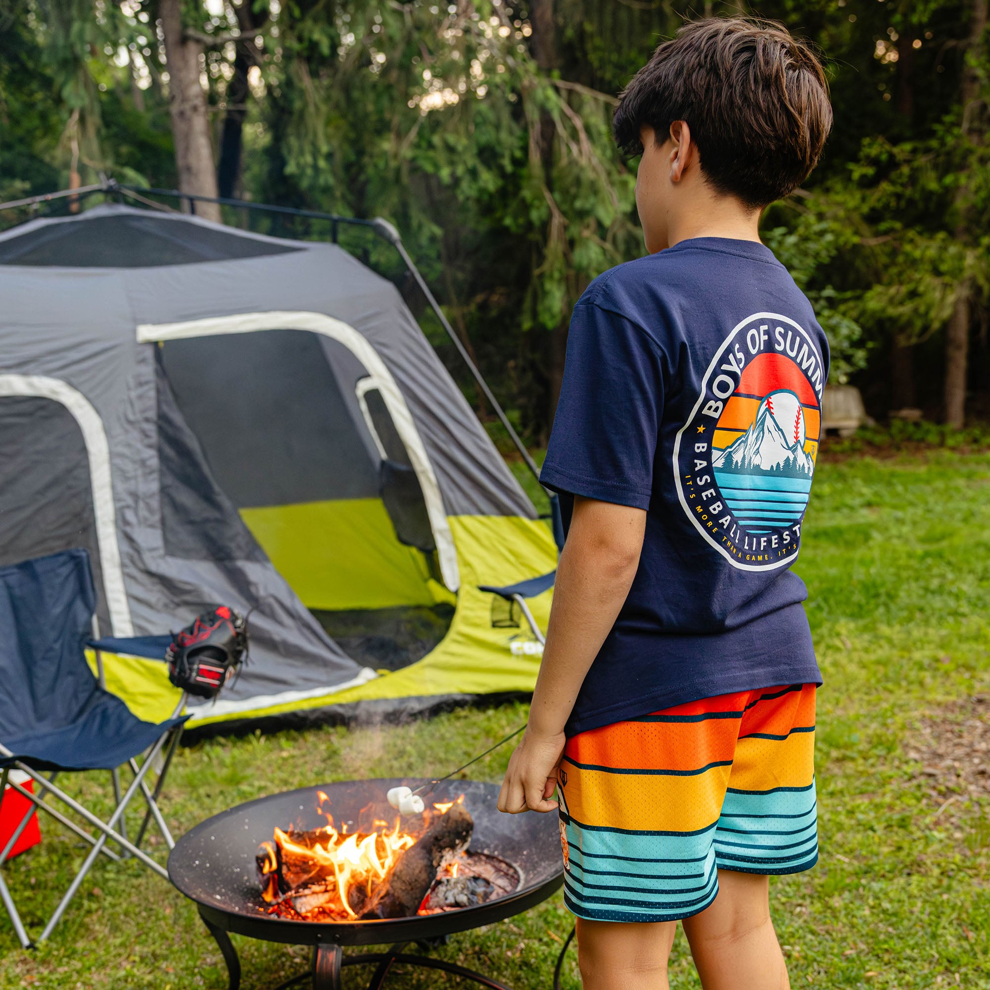 Sunrise Youth Shorts baseball retro mountain sunrise roasting marshmallows campsite