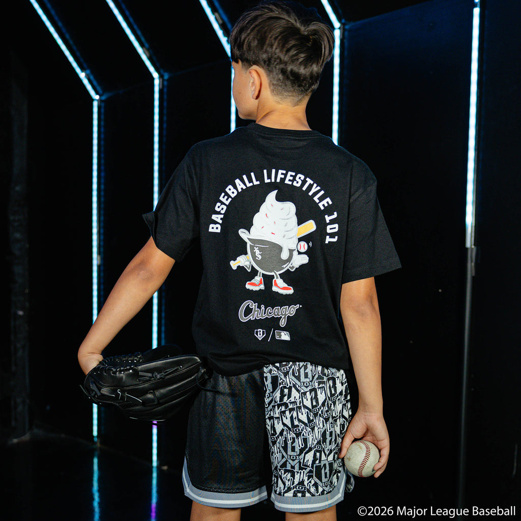 Youth model wearing black youth graphic tee with "Chicago White Sox Ice Cream" design