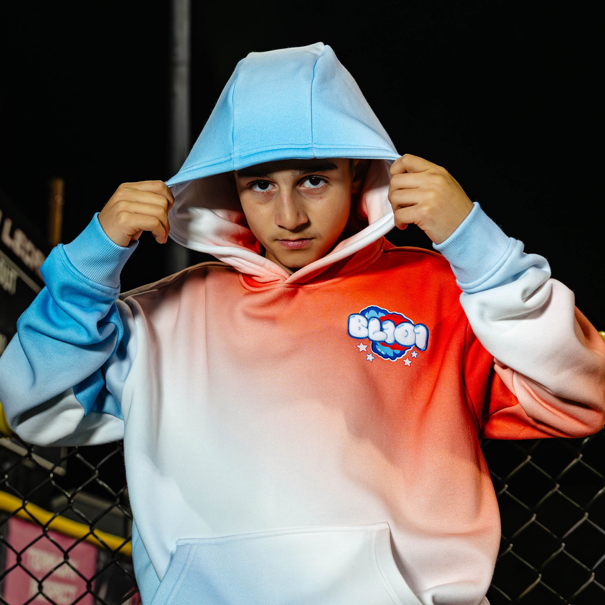 Youth model wearing red, white & blue Cotton Candy USA youth hoodie