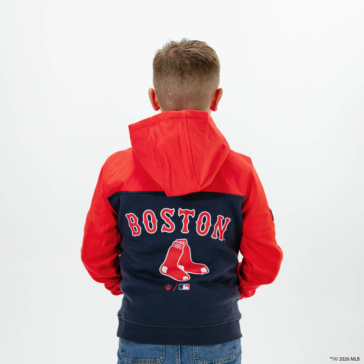 Youth model wearing red Boston Red Sox Color Block youth quarter zip