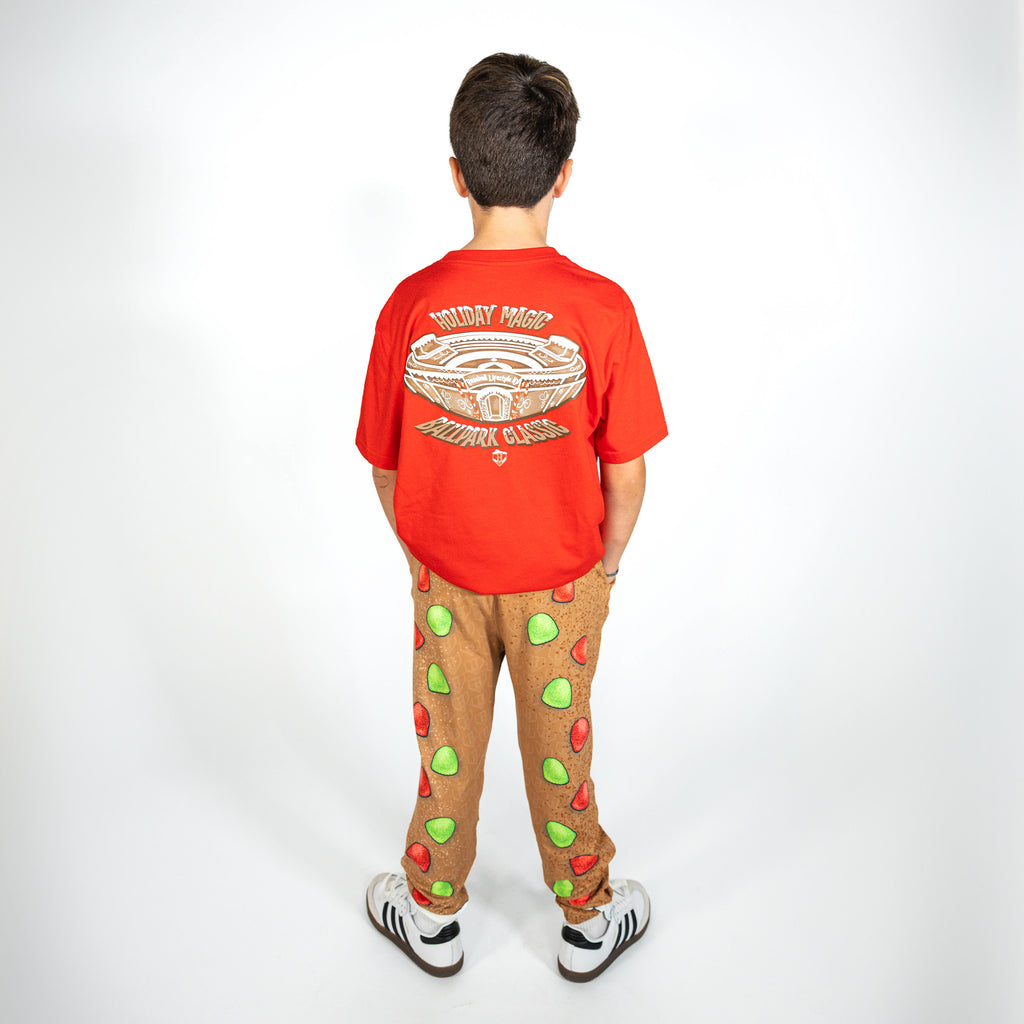 Youth model wearing brown youth pajama pants with "Gingerbread Rookie" design