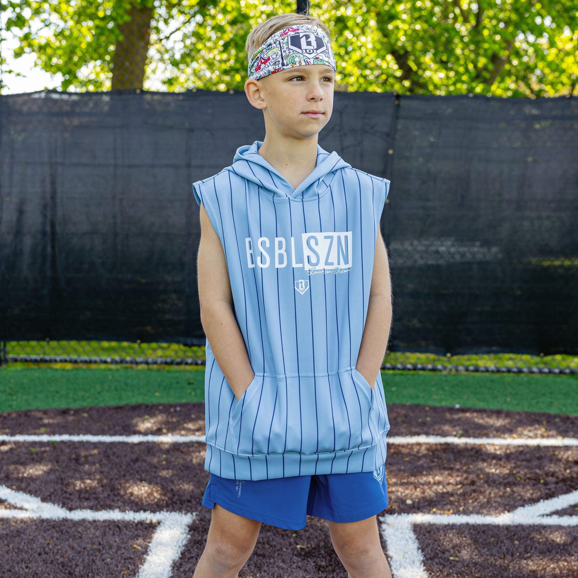 BSBL-SZN Sleeveless Youth Hoodie V3 - Blue Pinstripes - Baseball