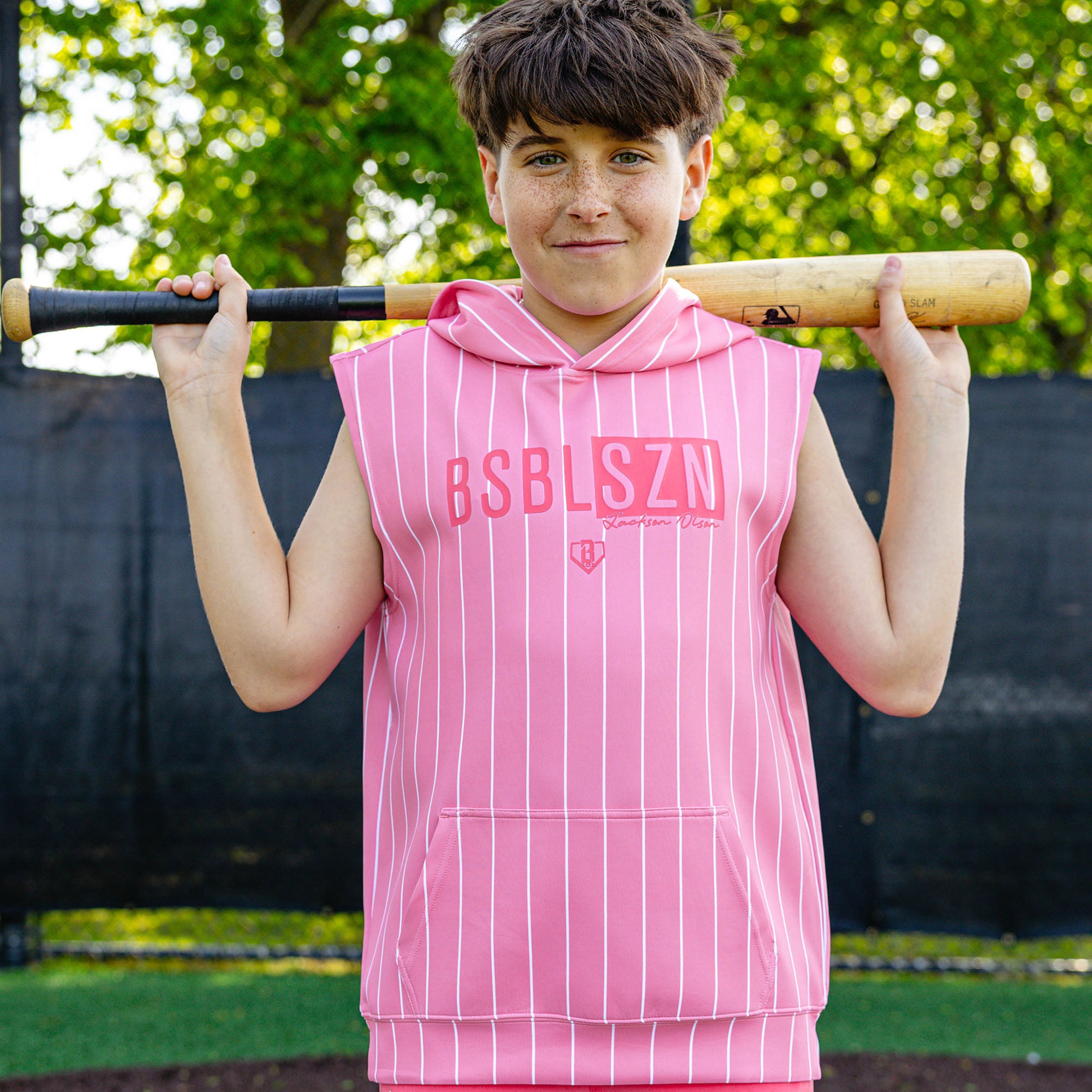 BSBL-SZN Sleeveless Youth Hoodie V3 - Pink Pinstripes - Baseball