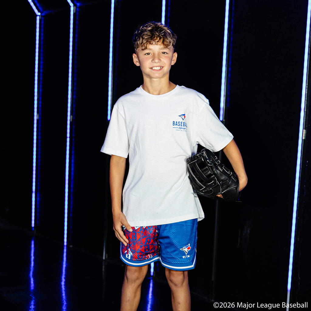 Youth model wearing white youth graphic tee with "Toronto Blue Jays Ice Cream" design